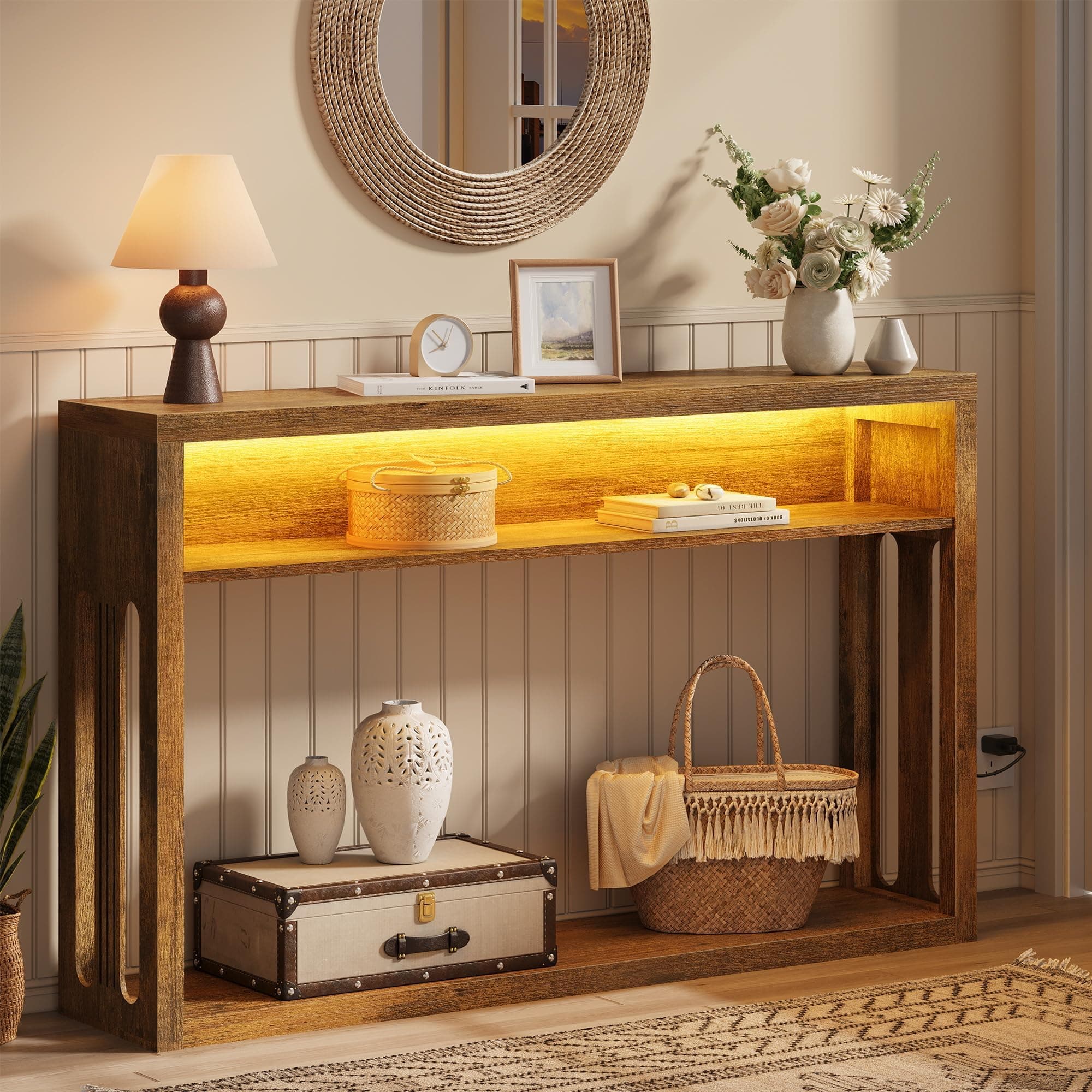 FAVOOSTY Farmhouse Console Table with Storage, 47" Entryway Console Table with Led Light, 2-Tier Entryway Table Sofa Table Behind Couch Table Hallway Stand for Living Room,Foyer,Entrance Brown (Brown)