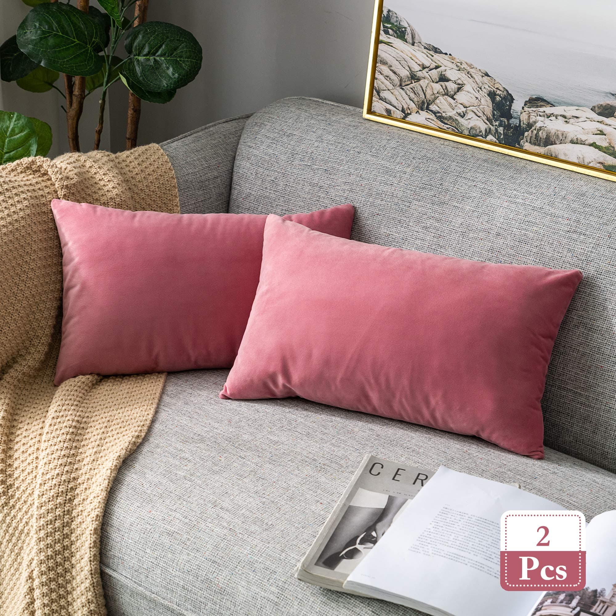 Stellhome Rectangle Velvet Pillow Covers Decorative Cushion Covers for Bed Couch Sofa Bench, 12 x 20 inch (30 x 50 cm), Hot Pink, Pack of 2