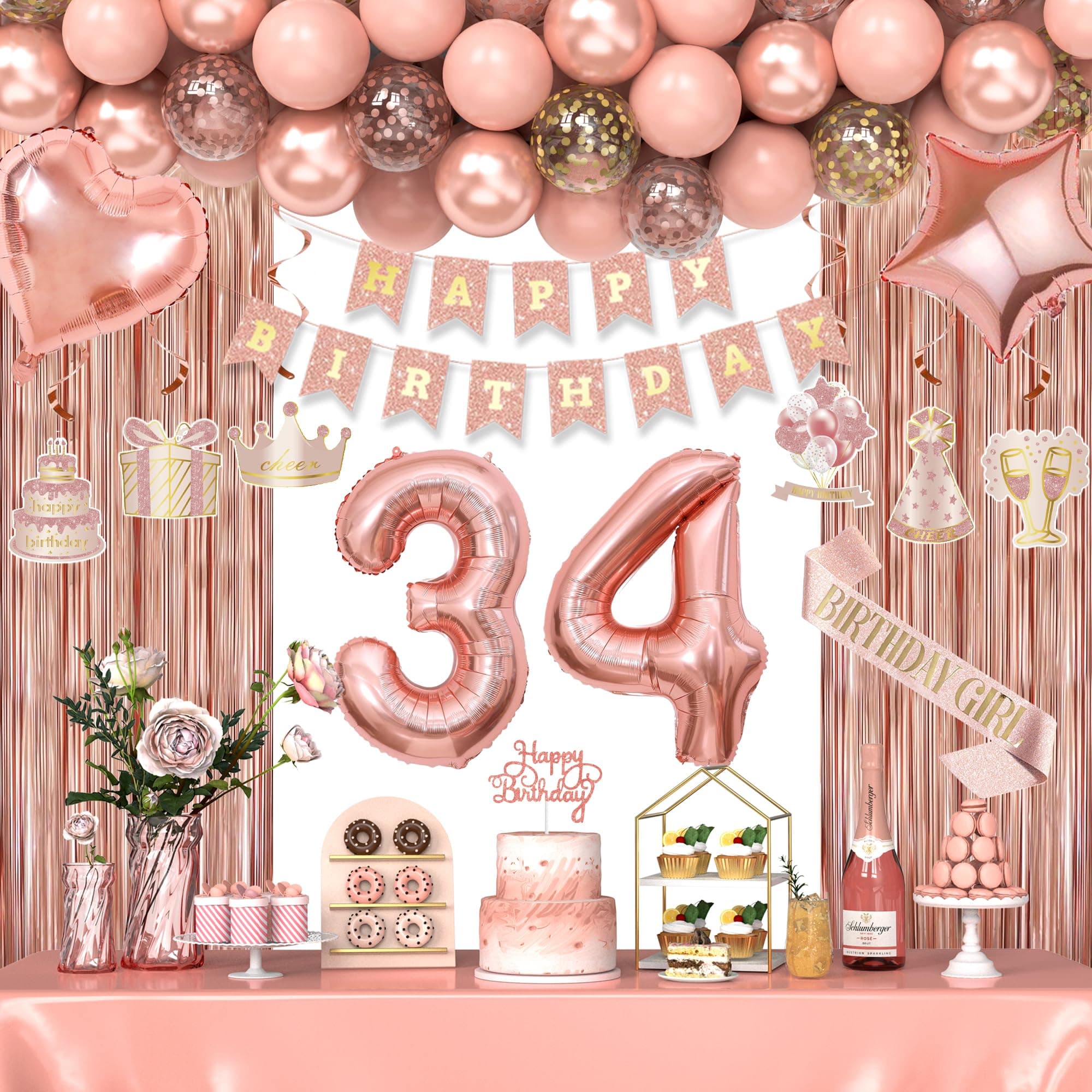 34th Birthday Decorations for Women Girls, Happy 34 Birthday Decorations for Her, Rose Gold Birthday Party Supplies with Banner, Number Balloons, Fringe Curtains, Hanging Swirls, Foil Balloons