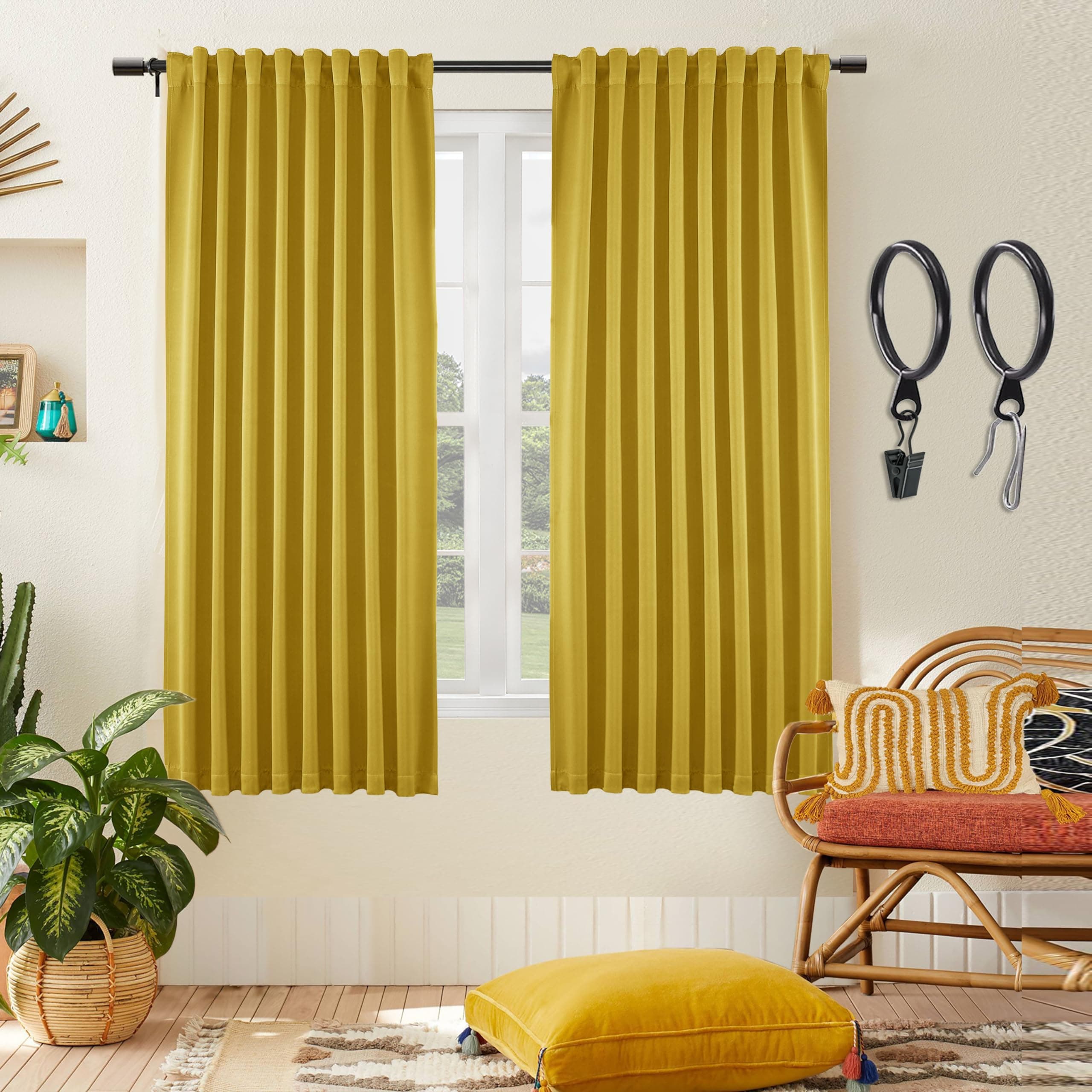 SHINELAND Retro Blackout Curtains 63 Inch Length for Living Room,Rod Pocket 52 x 63 Boho Mustard Yellow Bright Color 70s Funky Curtains for Bedroom 2 Panel Set