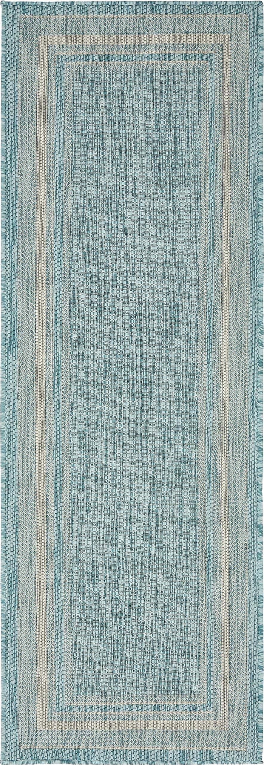 Unique Loom Outdoor Border Collection Area Rug - Soft Border (2'x 6' 1" Runner, Aquamarine/ Ivory)