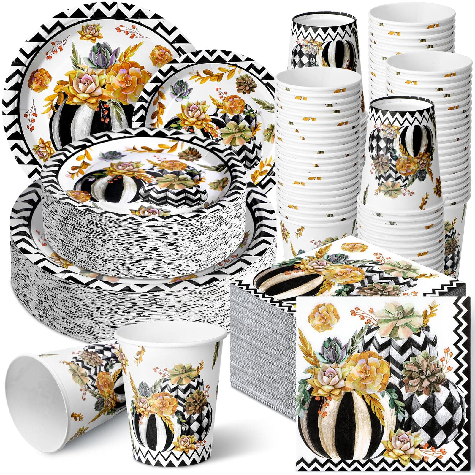 Hsei 250 Pcs Black White Pumpkin Plates Napkins, Fall Party Set for 50