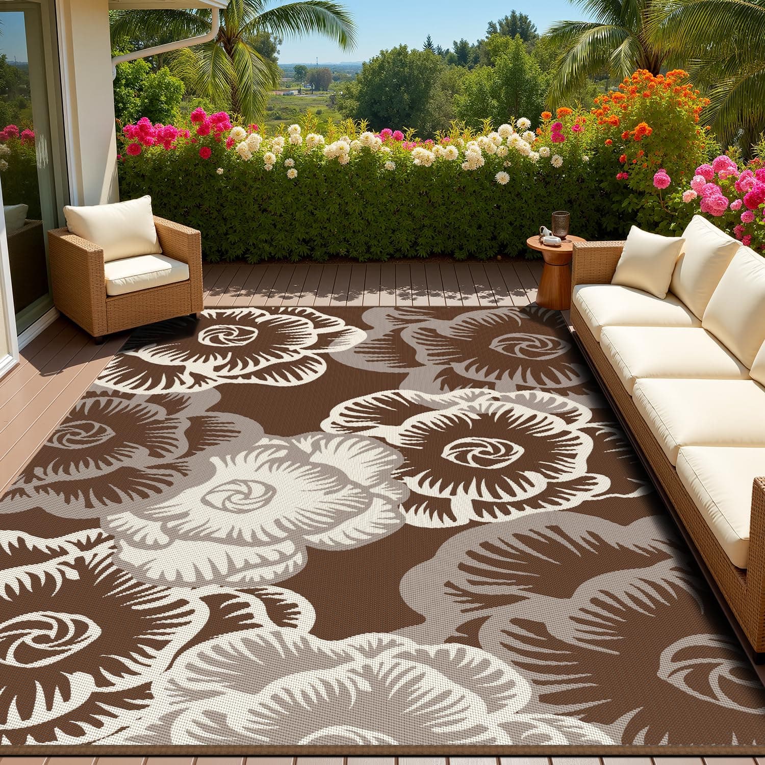 COCOER-Outdoor Rug-Patio Rug 8x10 ft Waterproof Outdoor Patio Rug Picnic Mat Outside for Courtyard Deck Balcony Backyard Reversible Portable Tapis Exterieur Brown Beige Floral