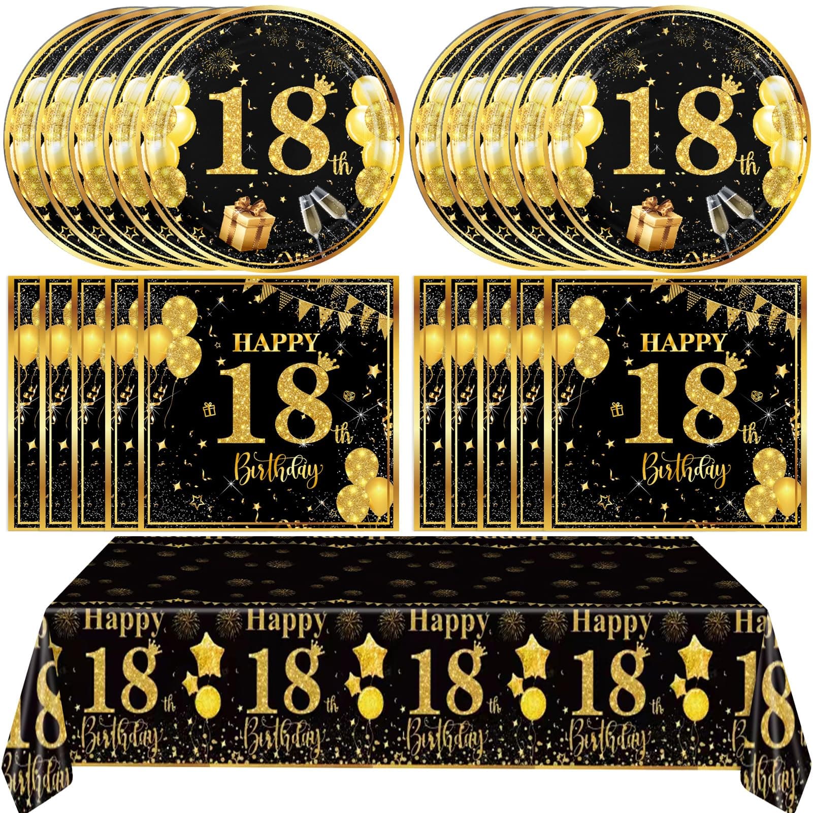 41Pcs 18th Birthday Decorations for Boys Girls Black Gold 18th Birthday Party Supplies for Cheers to 18 Years Old Happy 18th Birthday Plates Napkins Tablecloth for 18th Birthday Party Favors