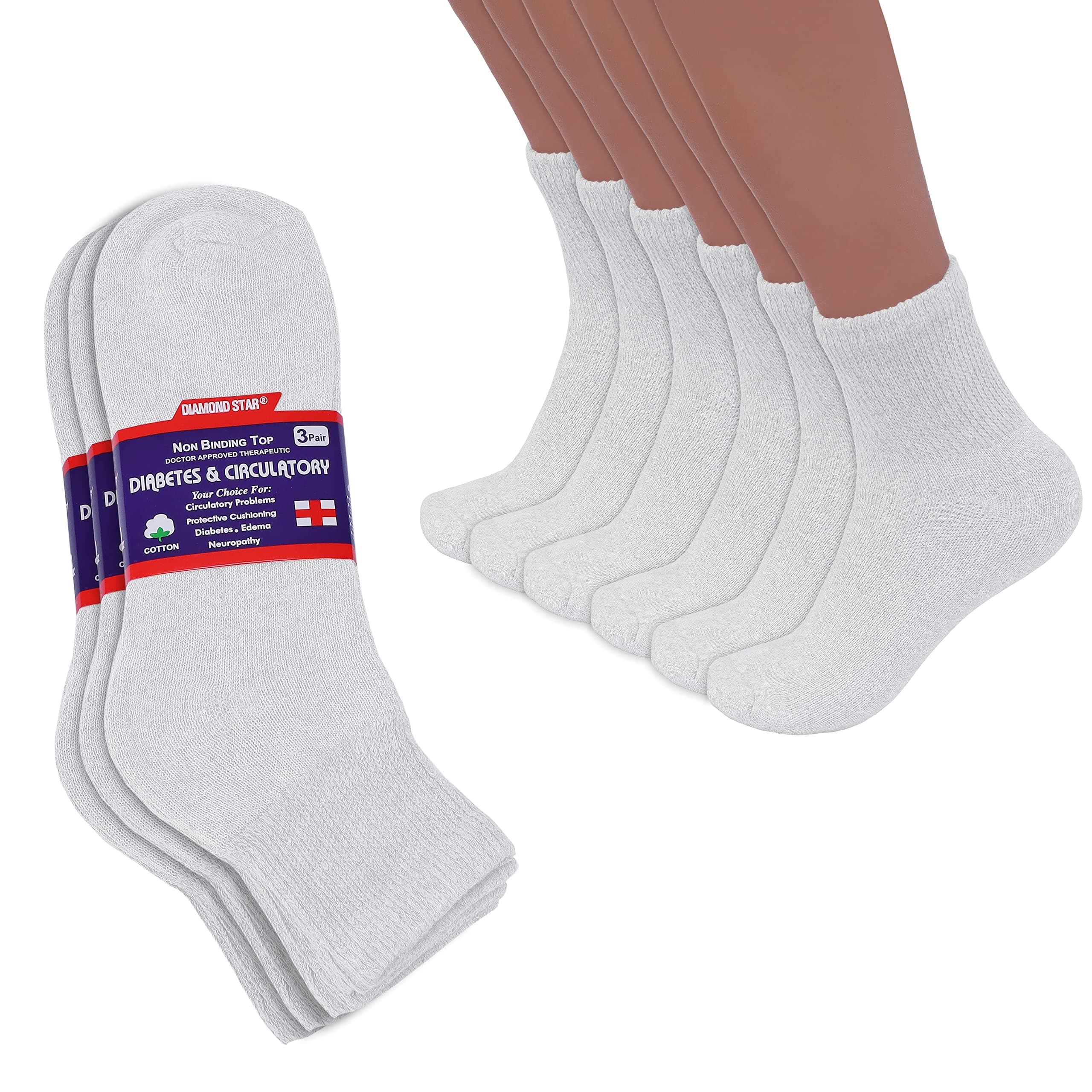 Diabetic Ankle Socks, Non-Binding Circulatory Doctor Approved Cushion Cotton Quarter Socks for Men’s Women’s (6 Pack White, Big & Tall Men's 13-15 Shoe Size 9-14)