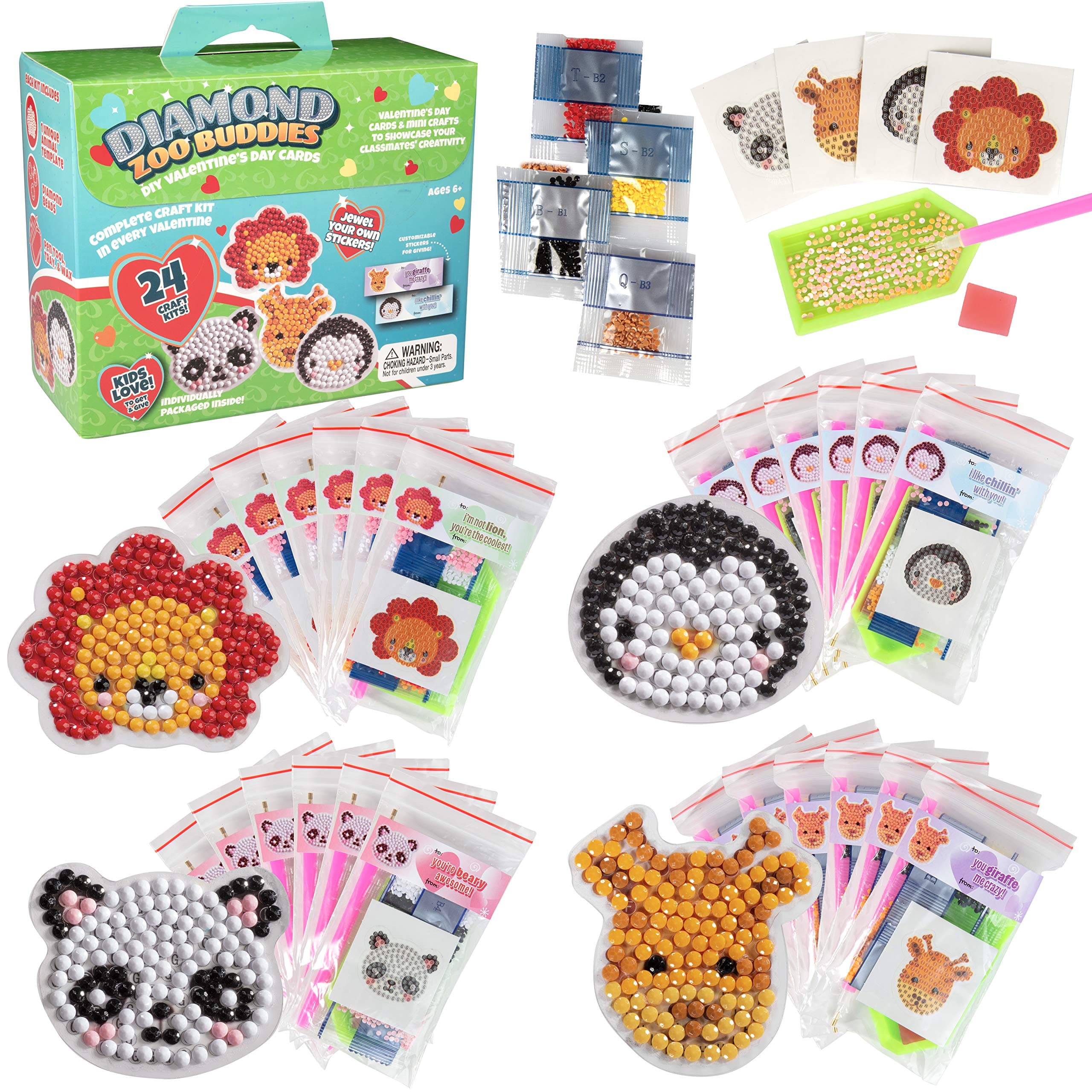 Valentine's Day Diamond Painting by Number Craft Kit - 24 Zoo Animal Paint by Number Rhinestone Sticker Kits for Boys and Girls - Perfect Kids School Classroom Exchange Gift!