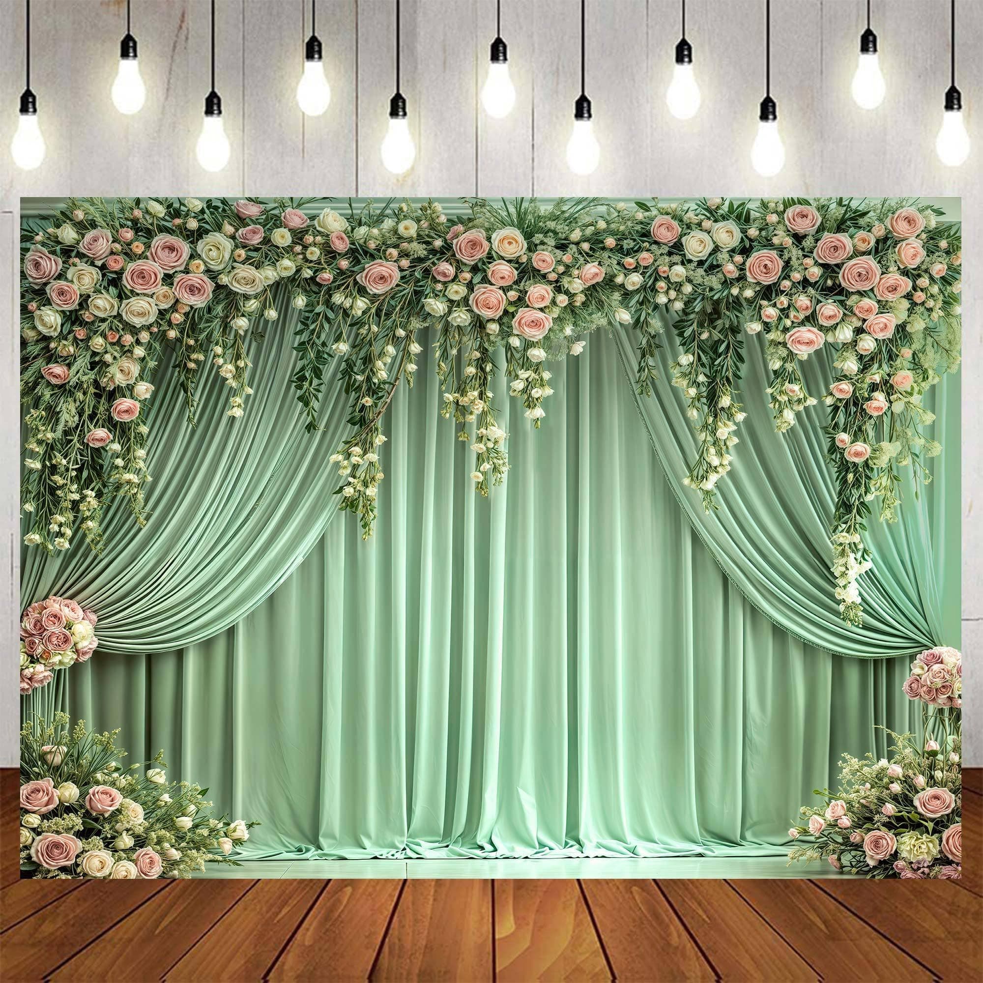 9 x 6 ft Sage Green Floral Backdrop Spring Rose Wall Background Pink Flowers Backdrops Tea Party Backdrop Floral Girls Birthday Weeding Valentine's Day Mother's Day Event Banner Photo Props