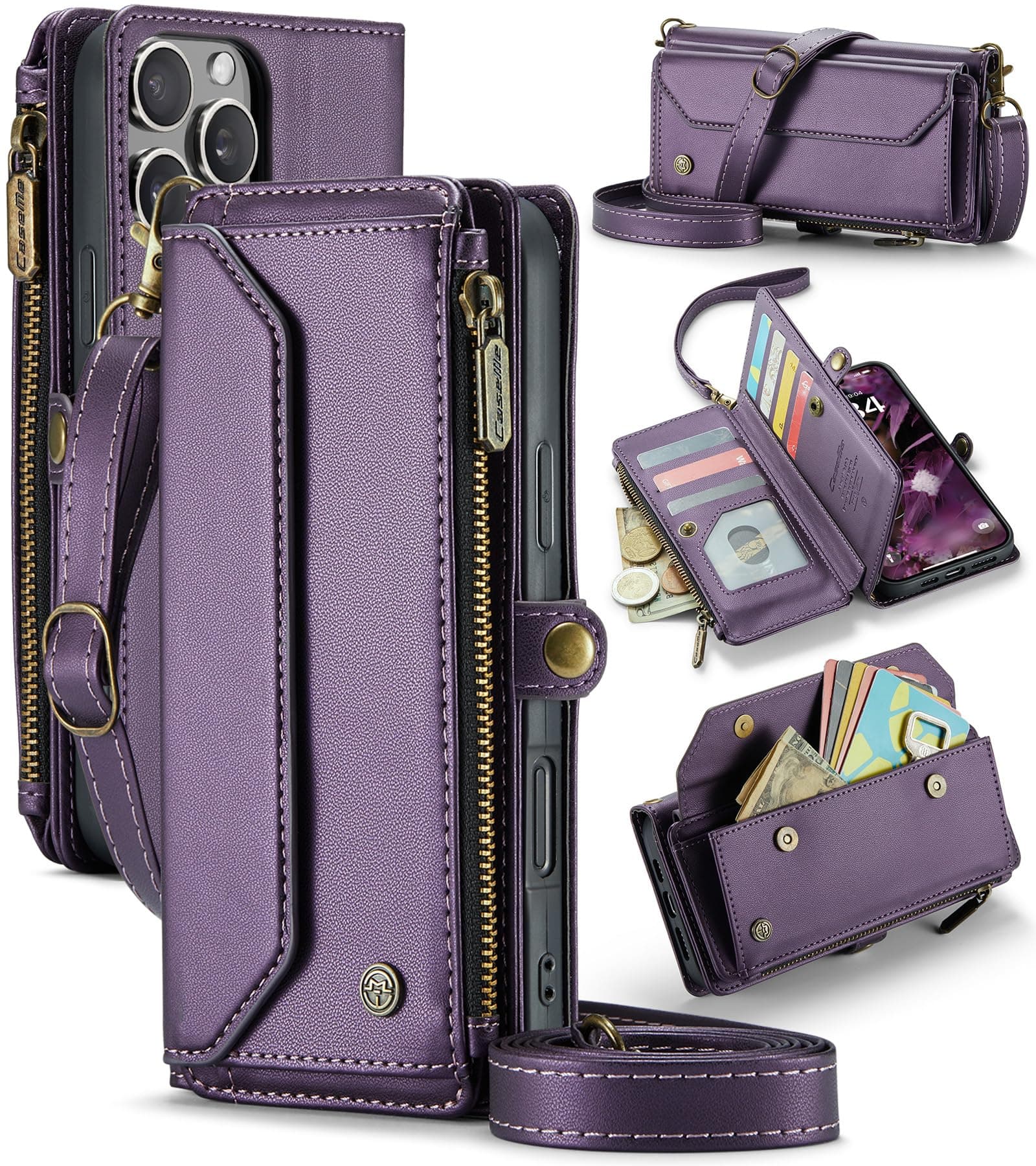 For iPhone 16 Pro Max Case, Crossbody Wallet Phone Case with RFID Blocking Kickstand, Anti-Drop Wireless Charging Card Slots, PU Leather Shoulder Bag Clutch Adjustable Strap, Purple for Women