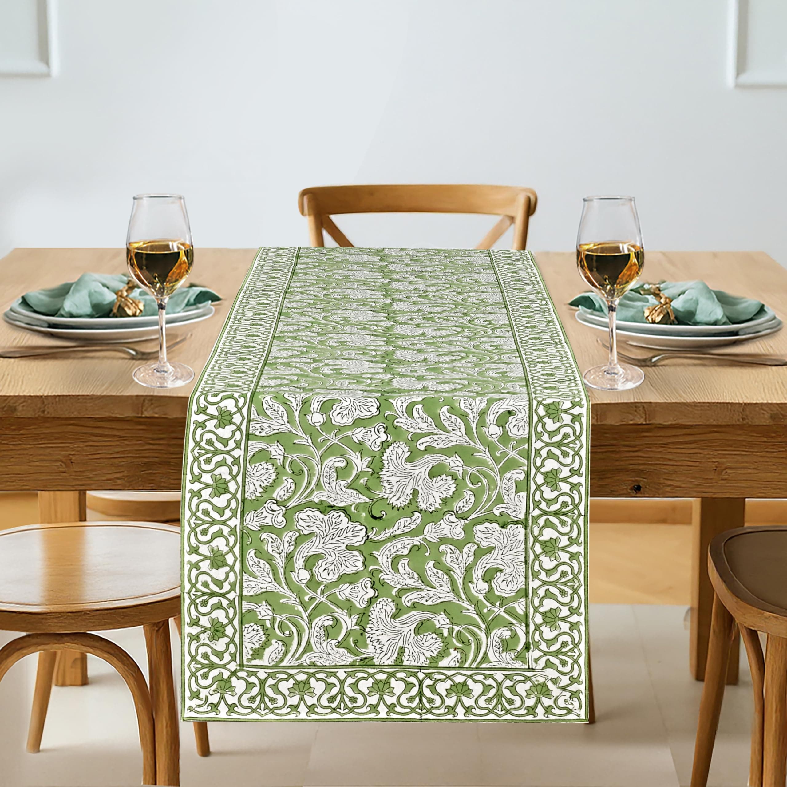 Ridhi Sage Green Hand Block Print Cotton Table Runner Garden Farmhouse Buffet Tabletop Cover for Home Kitchen Dining Décor Parties Family Dinners Wedding Thanksgiving Christmas (16X90 Inches)