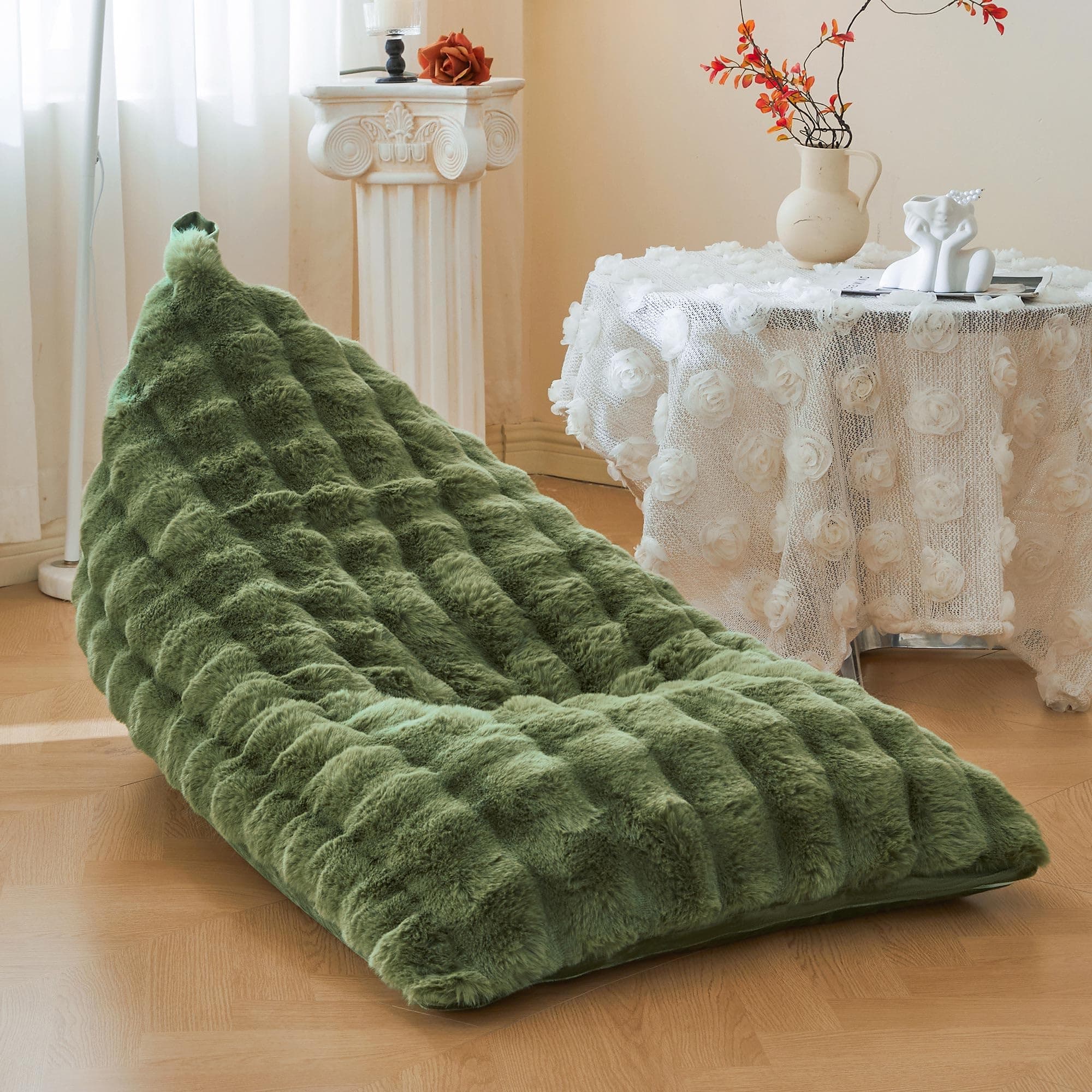 LIFEREVO Faux Rabbit Fur Stuffed Animal Bean Bag Storage (No Filler), Soft Plush Waffle Bubble Beanbag Chair Cover for Kids Teens, Furry Floor Lounger Organizer Living Room Bedroom, Sage Green