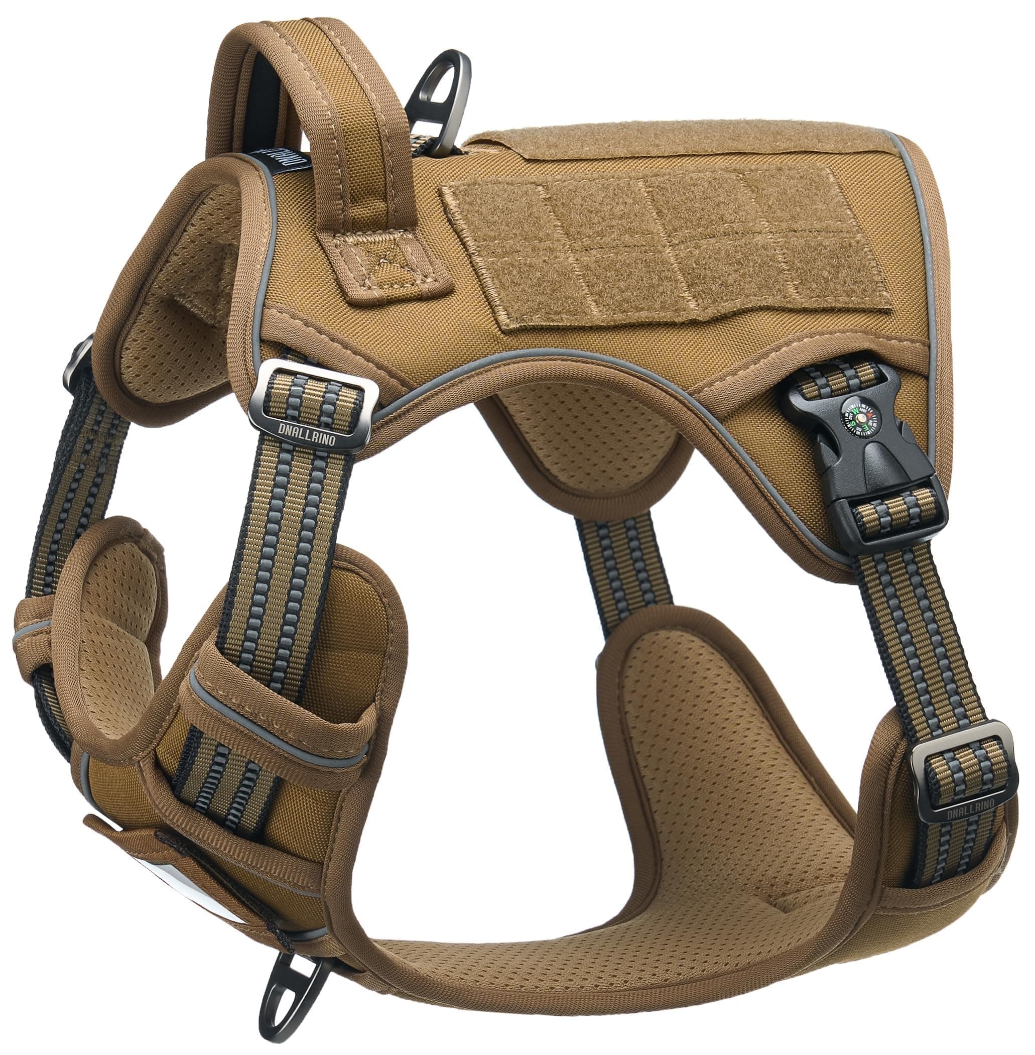DNALLRINO Tactical Dog Harness for Medium Large Dogs, Heavy Duty with ID Card, Reflective, No-Pull Training, MOLLE System, Brown