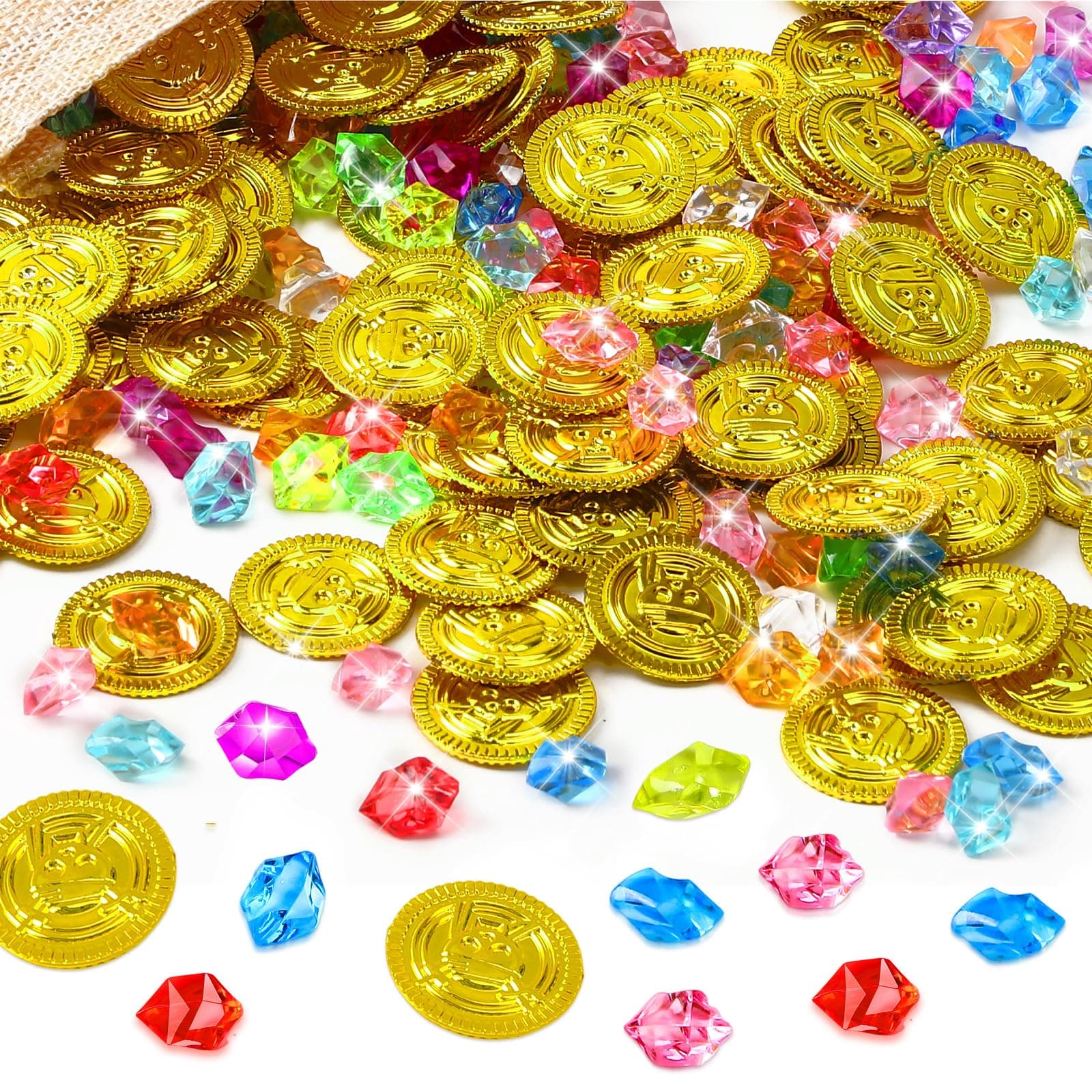 MARFOREVER 246 Pcs Pirate Treasure Gems and Gold Coins Gems Jewels Fake Pirate Gold Coins Party Decorations for Halloween Adventure Birthday Party Decor