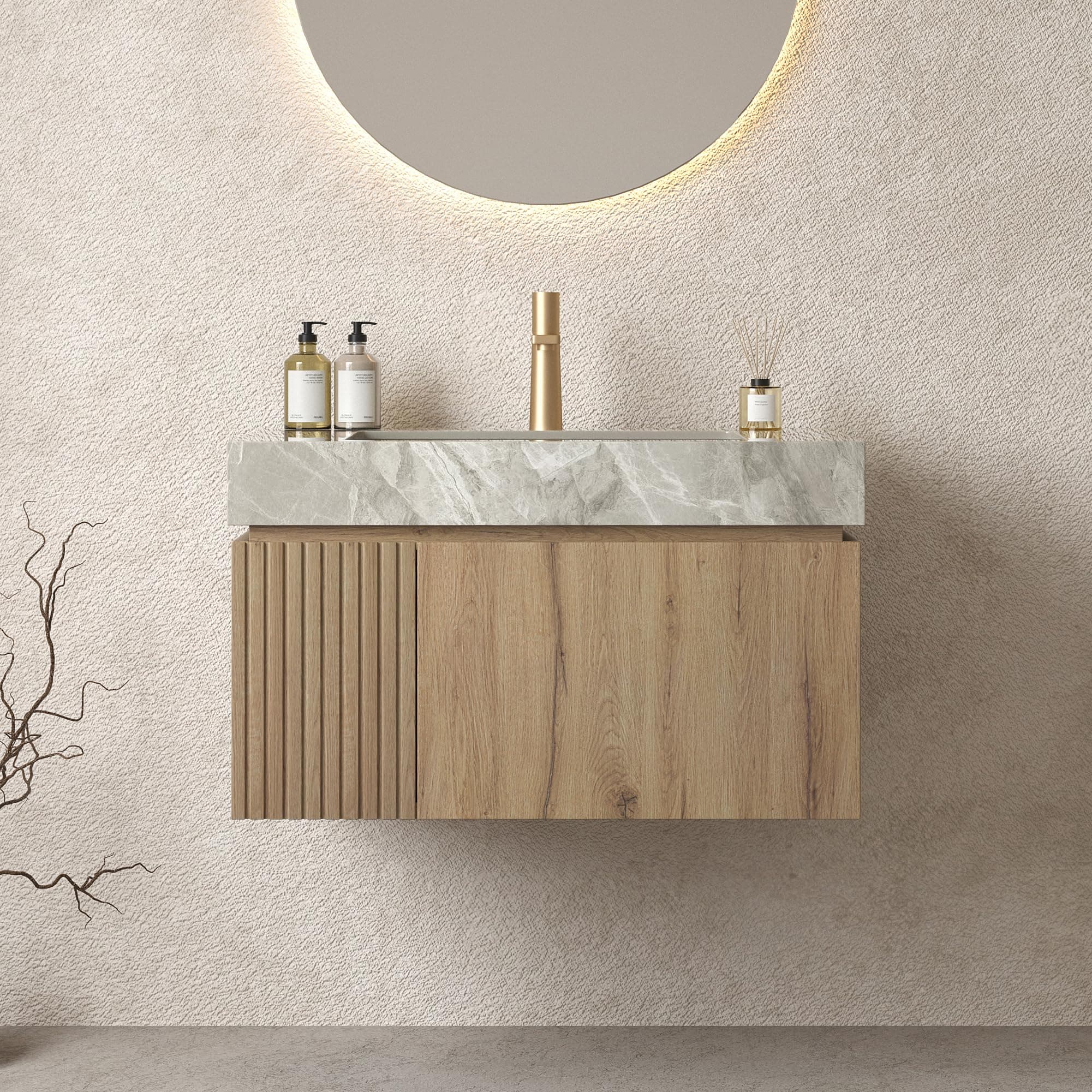 Rueekfil 30" Wall Mount Bathroom Vanity with Sink, Pre-Assembled Storage Cabinet with Drawer, Light Gray Sintered Stone Top & Ceramic Basin, White Oak