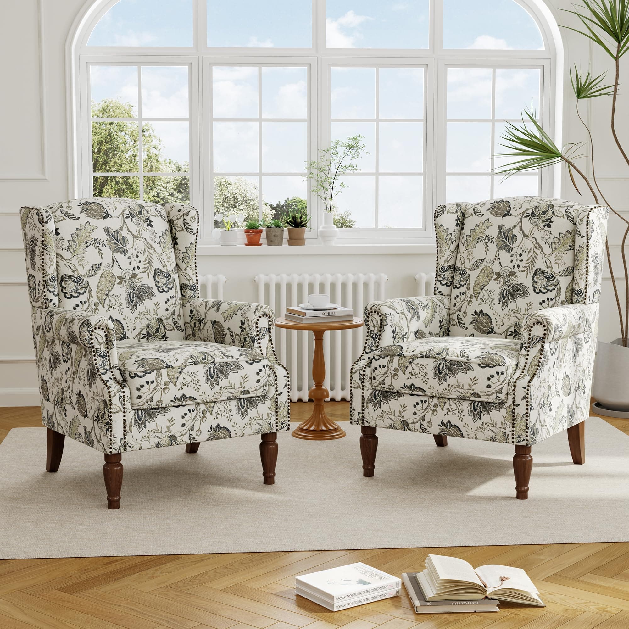 Accent Chair, Upholstered High Back Floral Armchair with Nailhead Trim & Wood Legs, Comfy Wingback Reading Single Sofa Chair for Small Spaces, Living Room, Bedroom