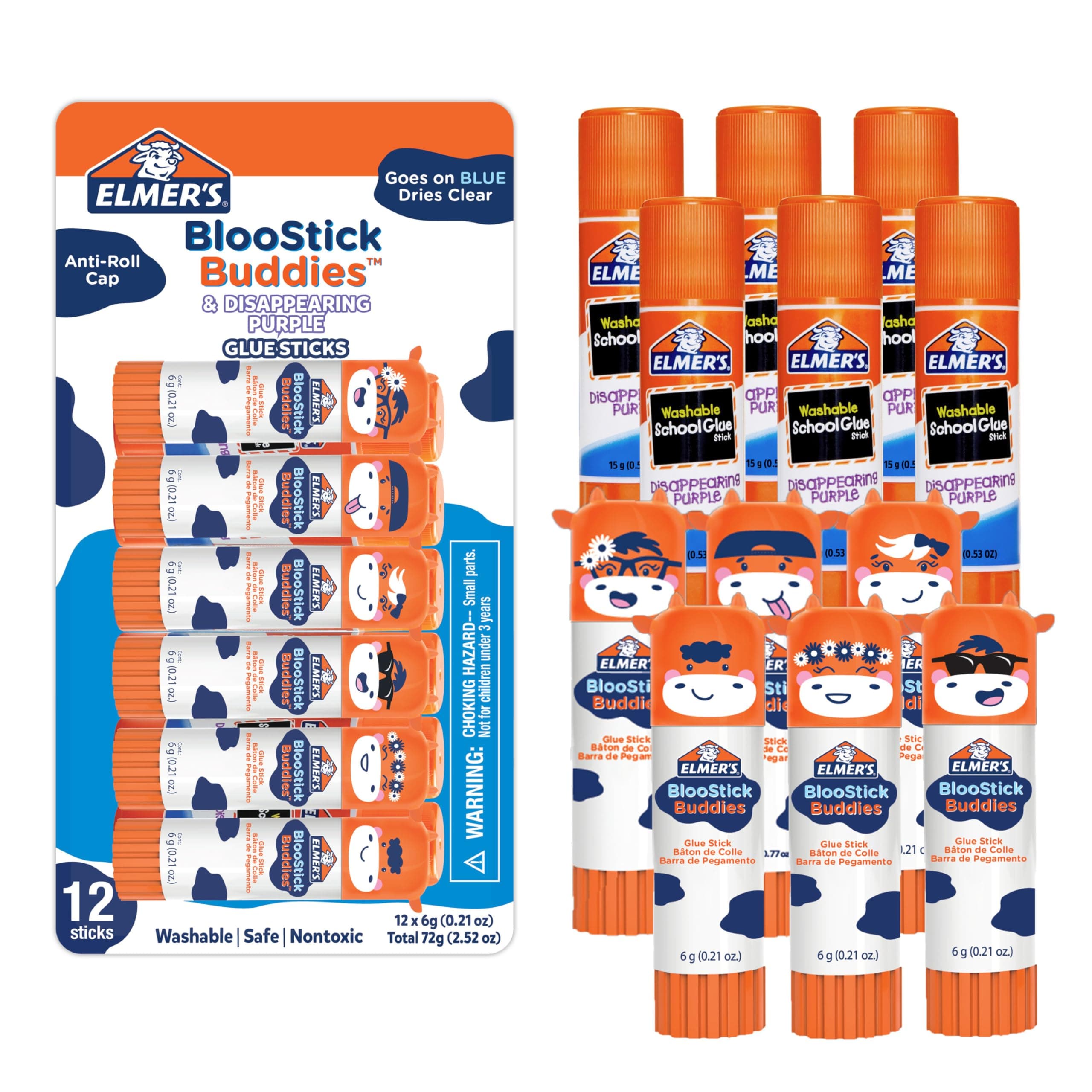 Elmer's BlooStick Buddies Glue Sticks, Disappearing Blue Glue Stick, Anti-Roll Cap, 6g, 12 Count