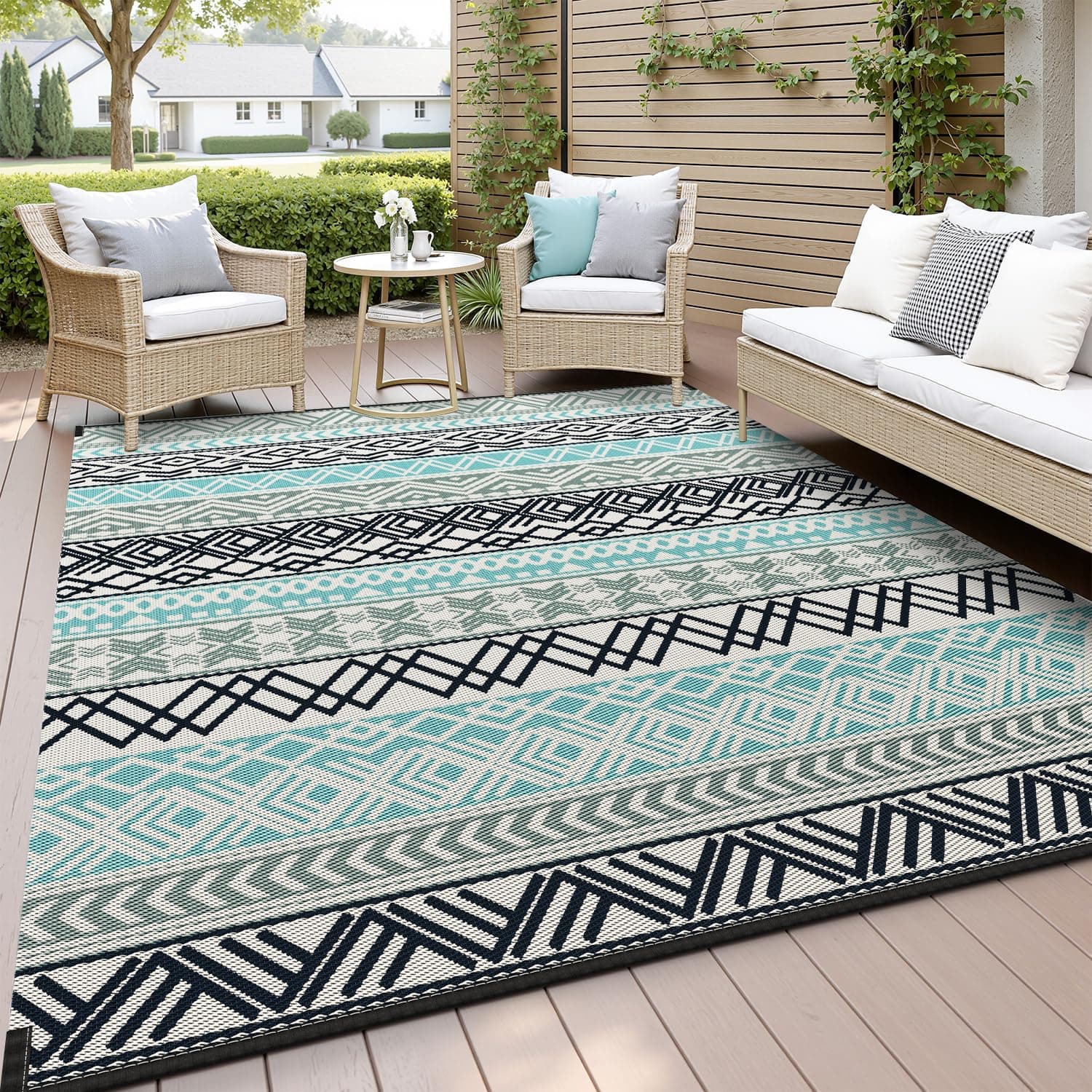 Outdoor Rug-Patio Rug Waterproof 6x9 ft Outdoor Carpet Boho Reversible RV Camping Rug Mat for Camper Balcony Backyard Picnic Deck Rug Portable Blue-Colorful