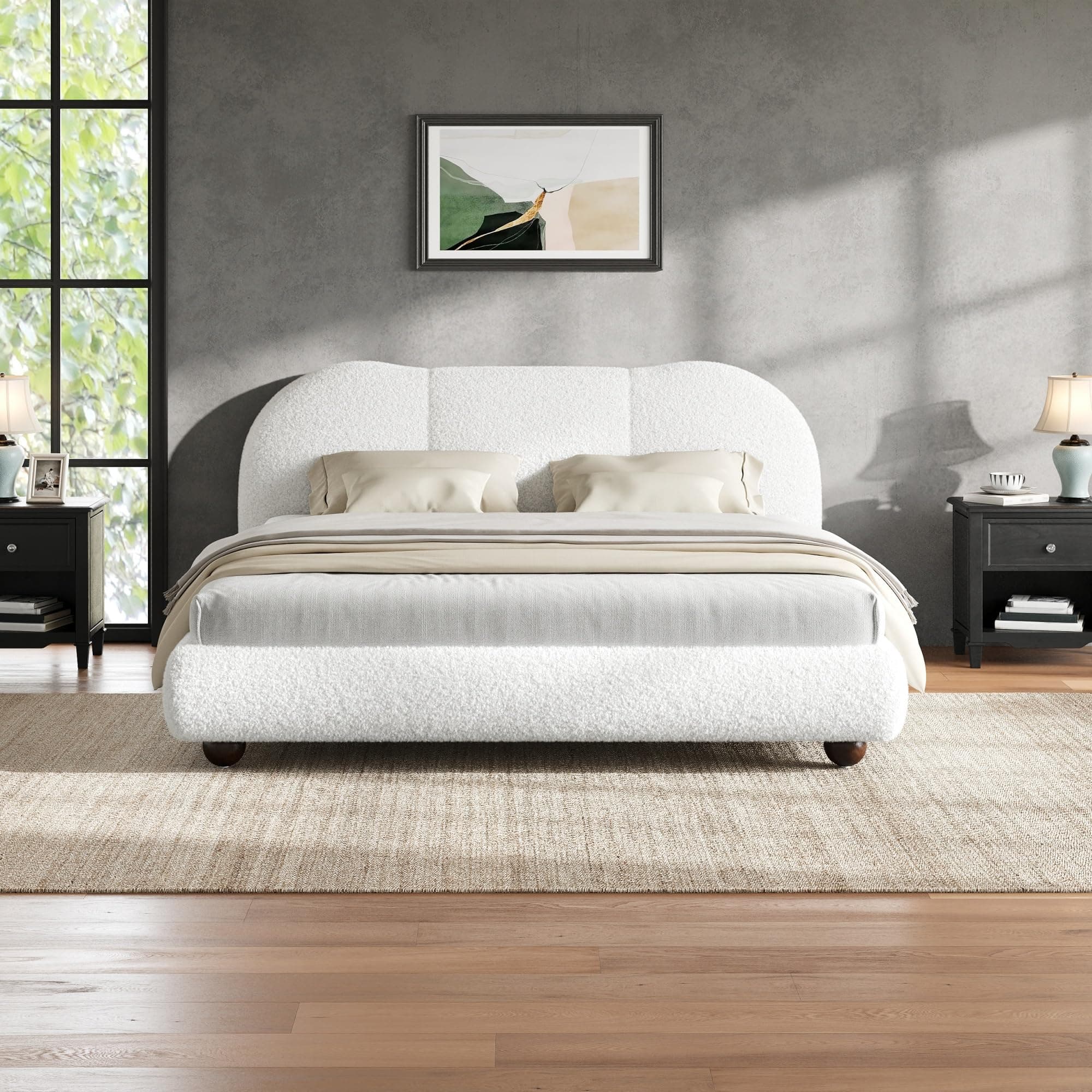 King Size Curved Headboard Platform Bed Frame, White Bouclé Upholstered Modern Bed with Plush Padded Design, Wood Slat Support, Noise-Free Structure, Heavy Duty Contemporary Bedroom Furniture