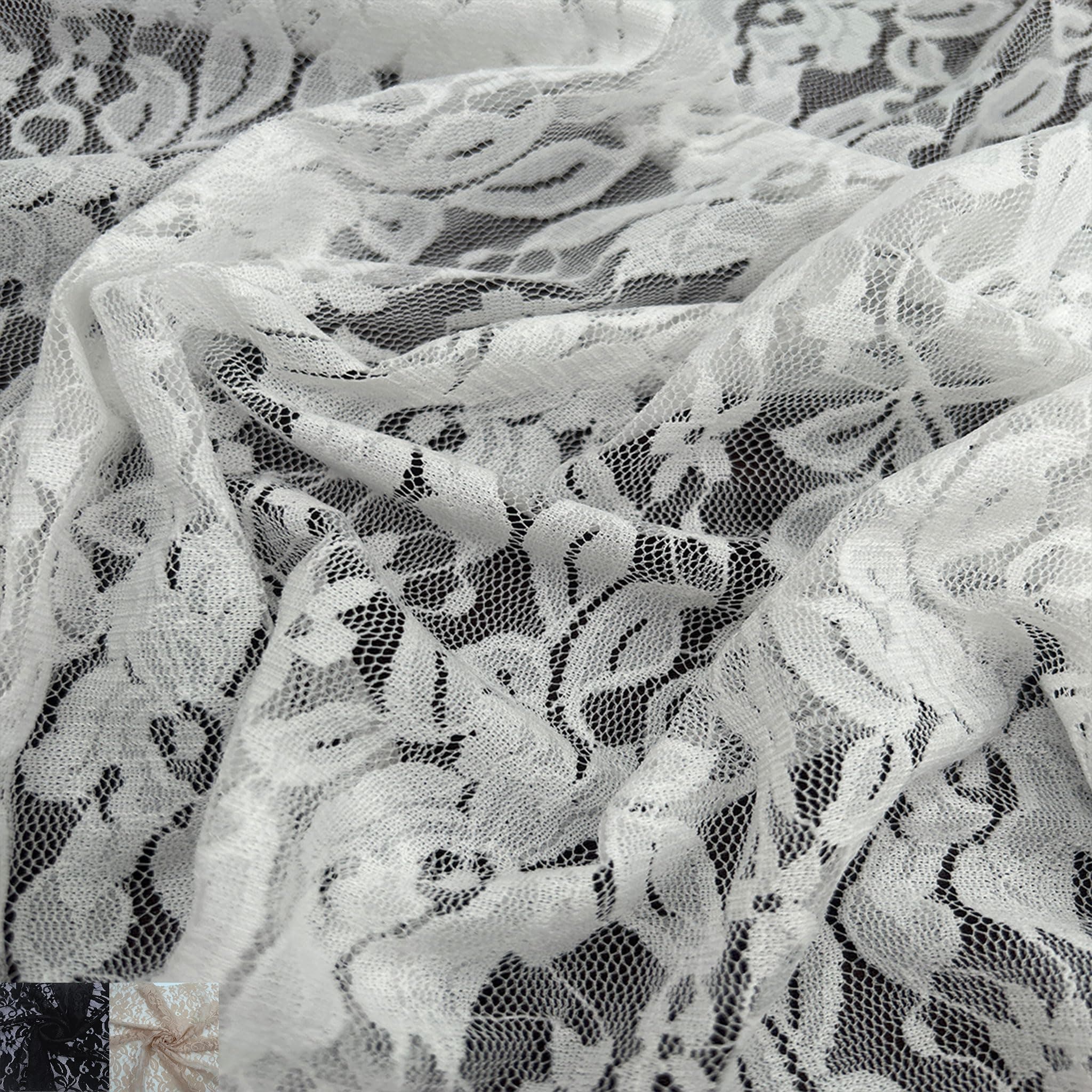 Texco Inc 60" Wide Nylon Spandex Floral Lace Yard-87 GSM, Lightweight, 4-Way Stretch, Soft & Breathable Fabric for Lingerie, Draperies, Wedding Gown & DIY, Off White 1 Yard