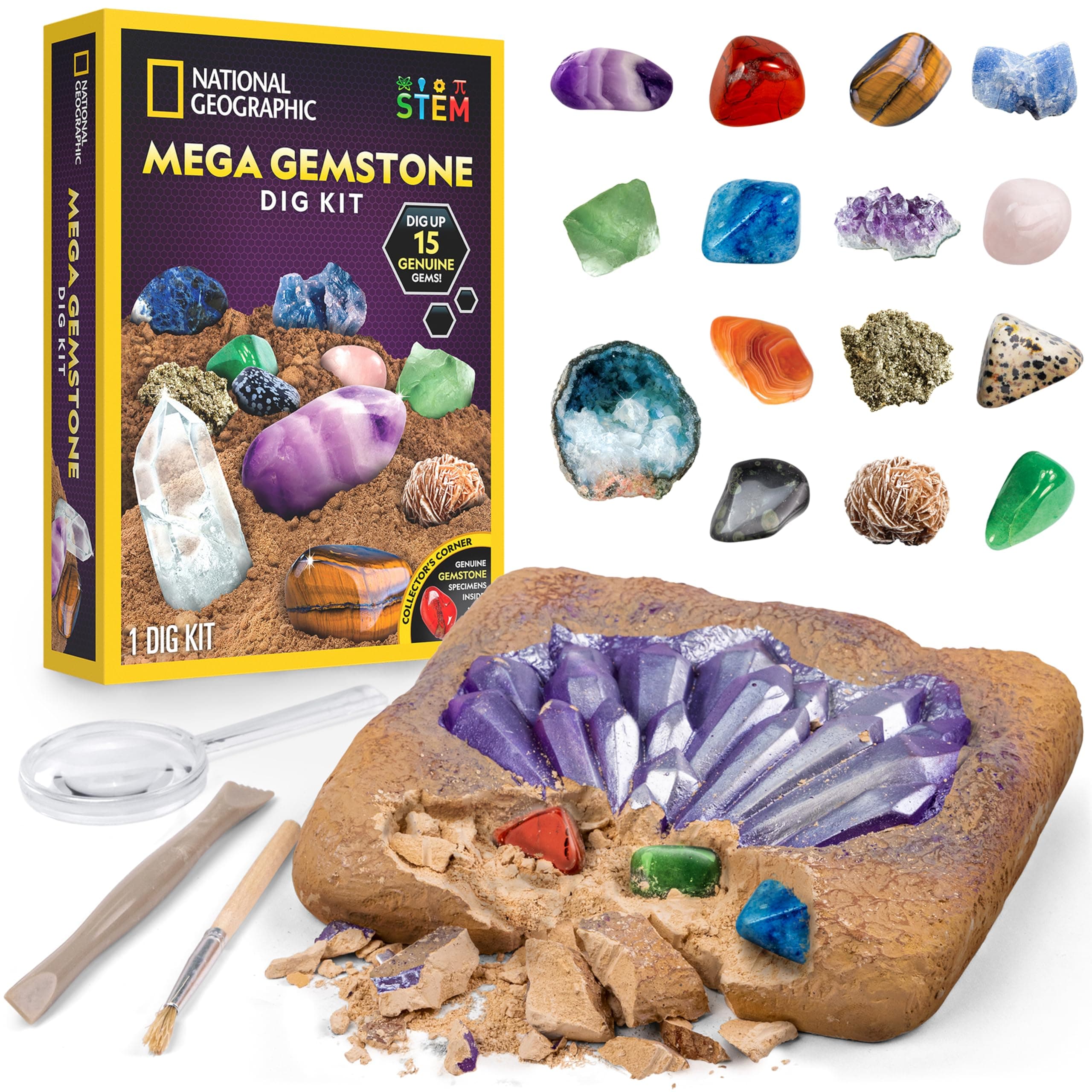 National Geographic Mega Gemstone Dig Kit – Dig Up 15 Real Gems, STEM Science & Educational Toys Make Great Kids Activities