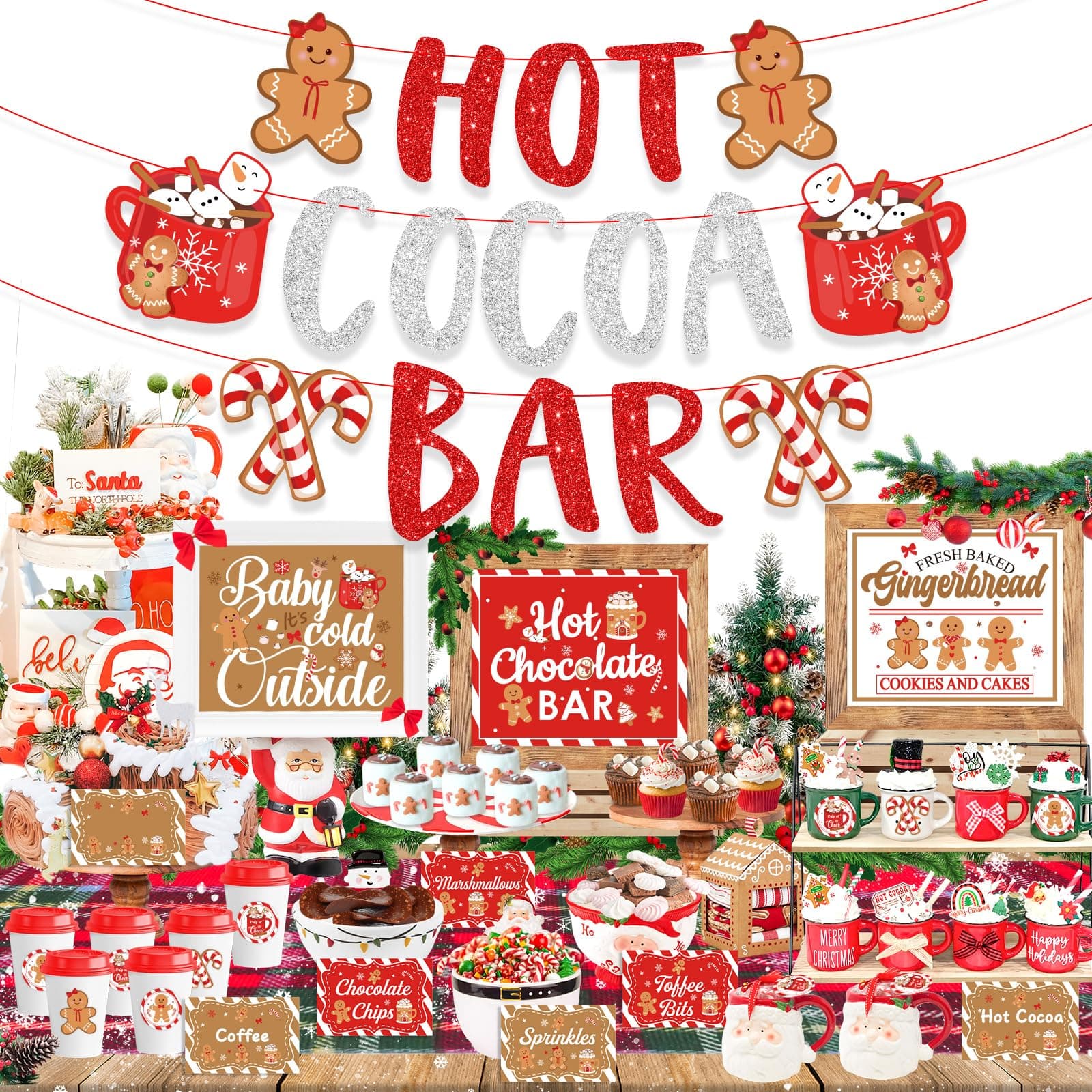 Hot Chocolate Bar Supplies, Red Christmas Hot Cocoa Bar Decor, Gingerbread Man Hot Cocoa Bar Banner Hot Chocolate Bar Sign Labels Cup Tags for Christmas Baby Shower Baby Its Cold Outside Decorations