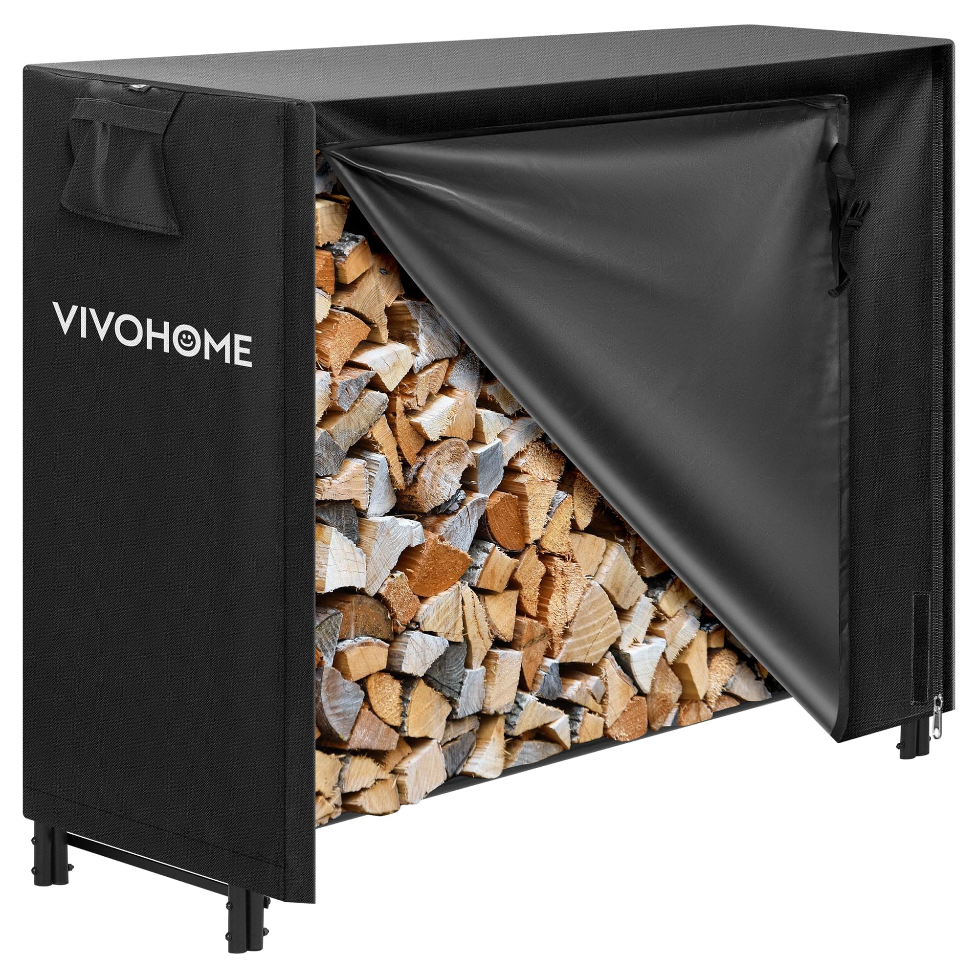 VIVOHOME 4 ft Heavy Duty Firewood Rack Outdoor with Cover, Black