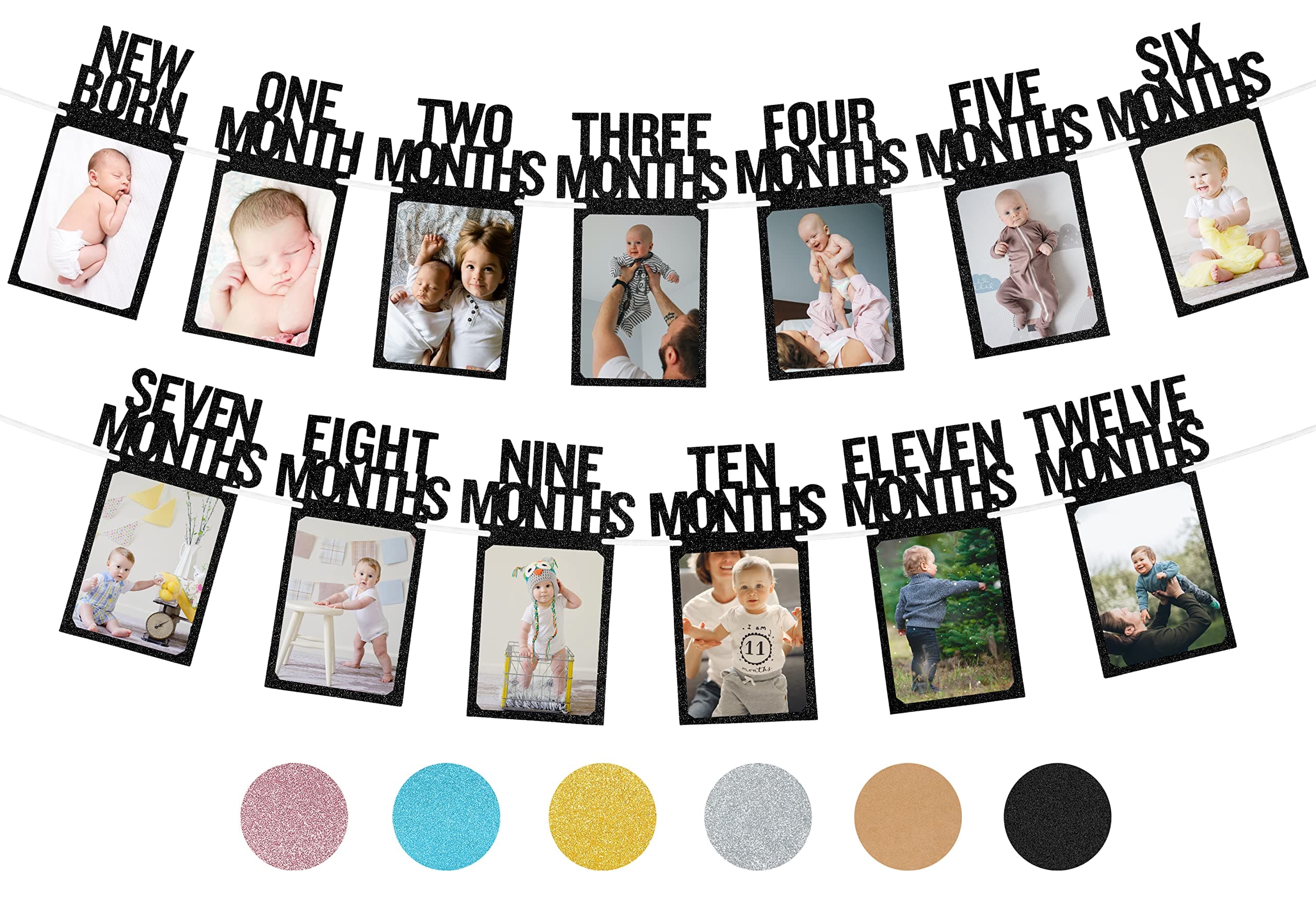 PartyHooman 1st Birthday Photo Banner for Baby from Newborn to 12 Months, First Birthday Decorations Girl Monthly Milestones Garland | First Birthday Photo Banner Pre-strung with Frame (Black)