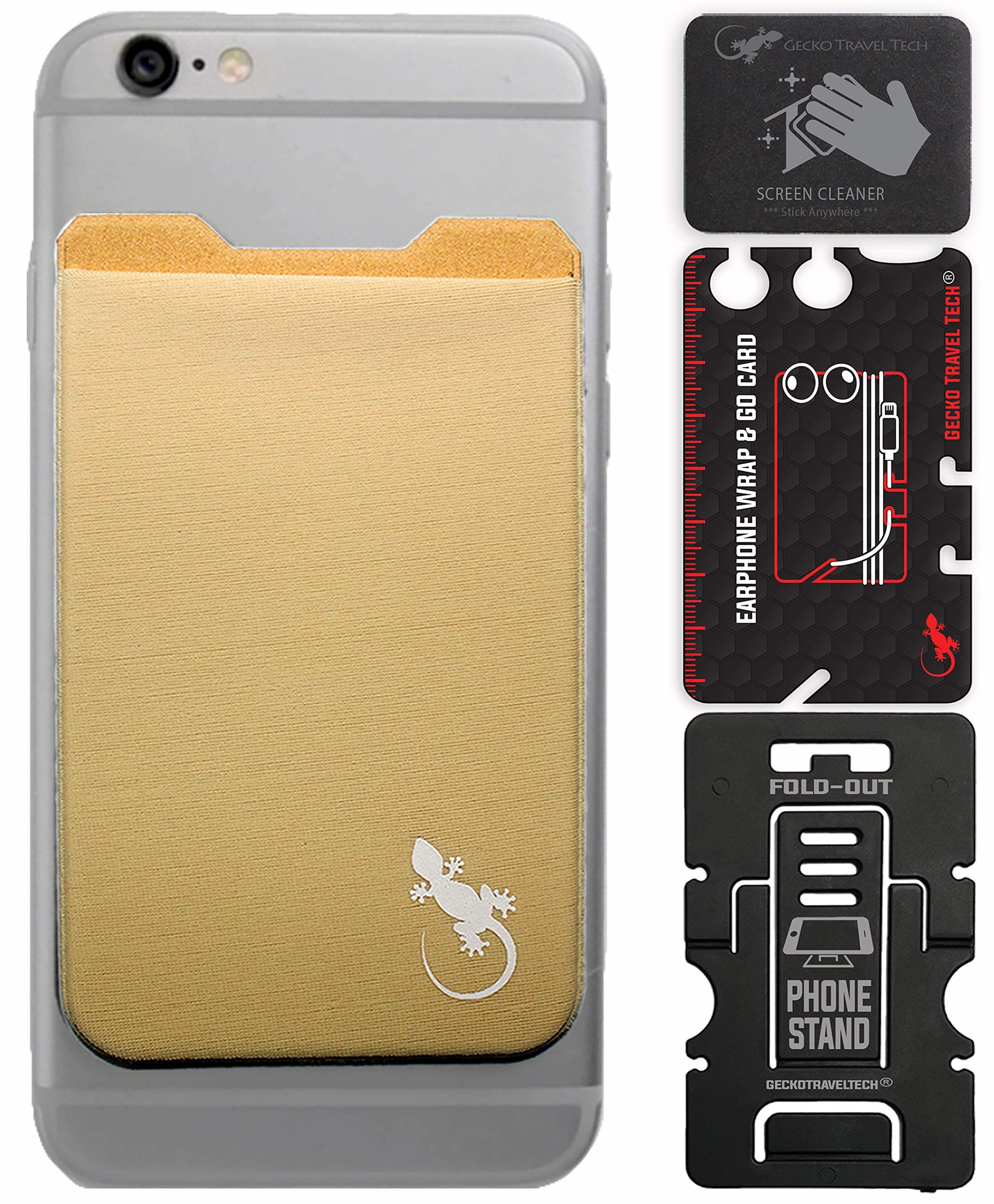 Phone Wallet - Cell Phone Stand - Adhesive Card Holder - Phone Pouch - Stick on Spandex Pocket by Gecko - Carry Credit Cards and Cash - Beige