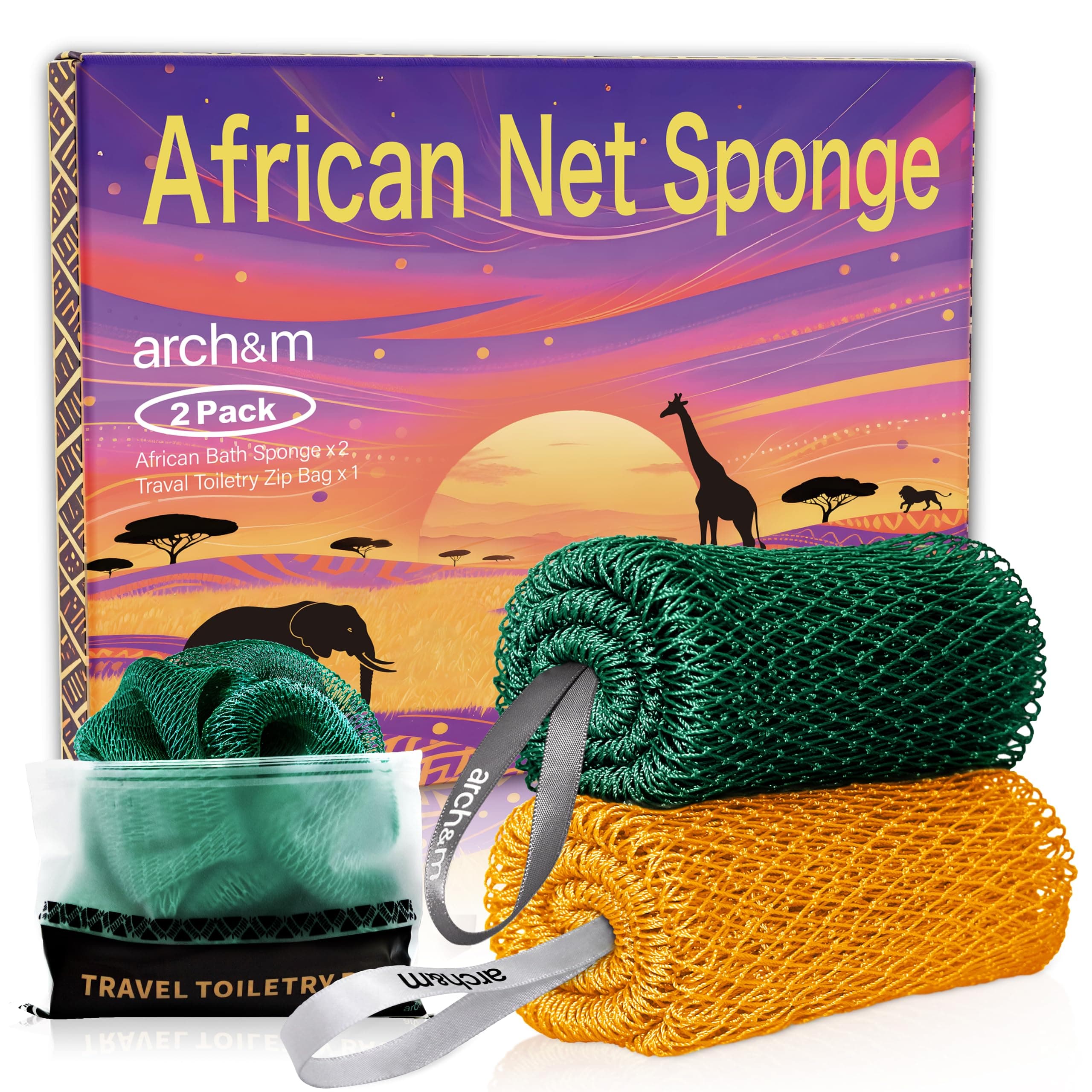 ARCH&M Authentic African Net Sponge with Knots, 2 Pack