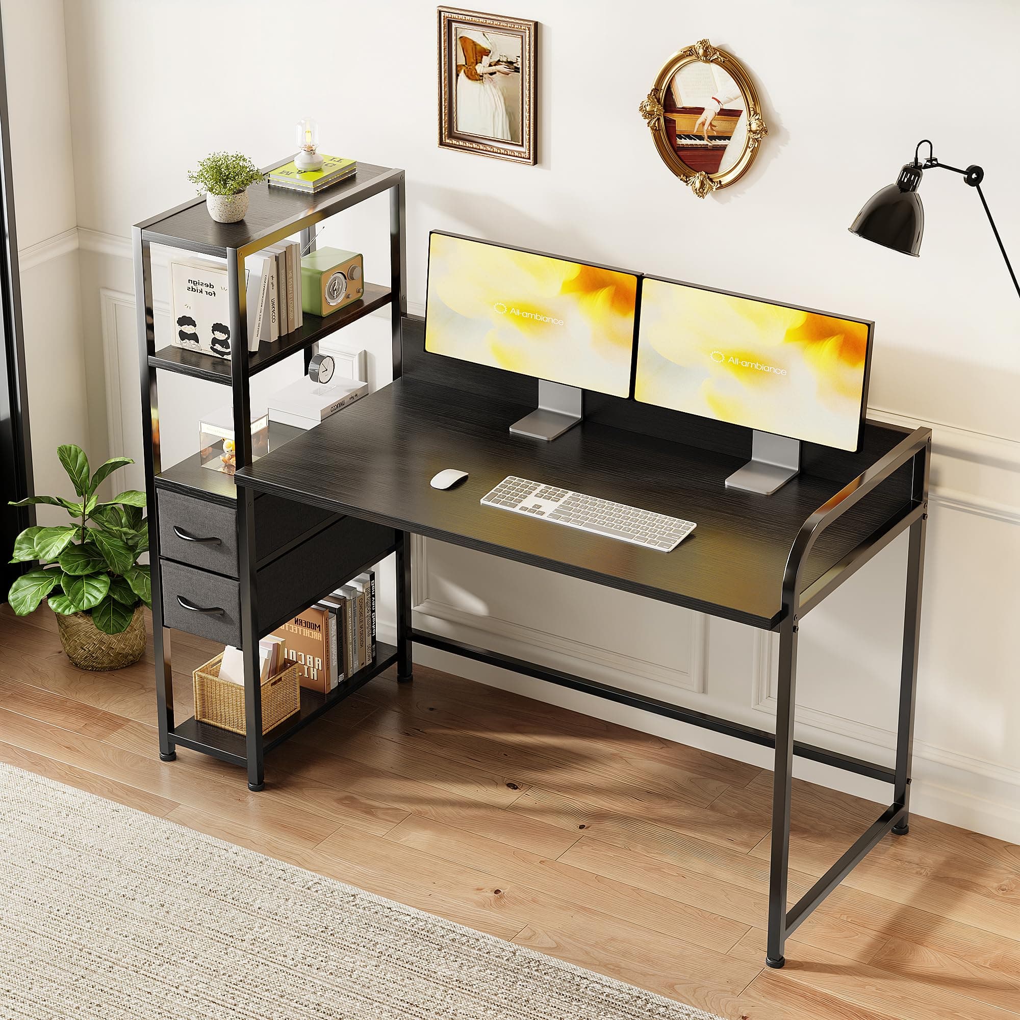 SJAVX 55 Inch Computer Desk with Side Shelves and Fabric Drawers, Reversible Home Oiffce Desk with Storage, Bureau de Travail, Work Gaming Study Desk Table, Black