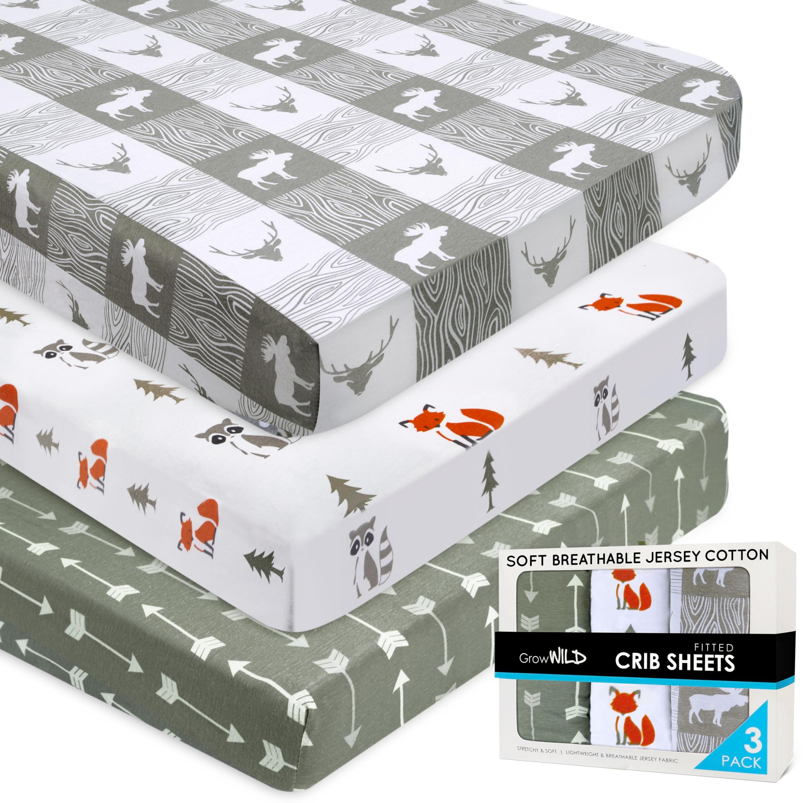 Fitted Unisex Crib Sheets (3 Pack) by GROW WILD - Jersey Knit Cotton Crib Sheets for Boys or Girls, 52” x 28” x 9” Crib Bedding Set (Forest Fun)