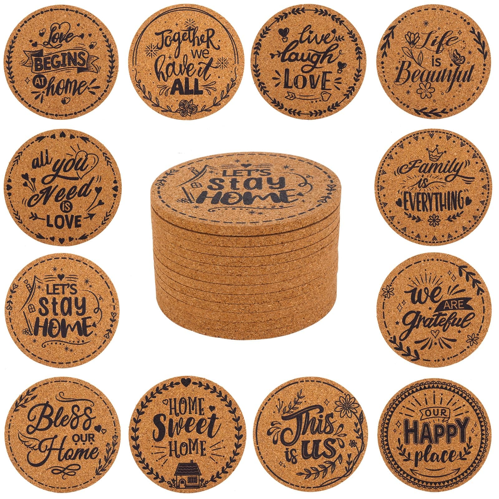 STARUBY Cork Coasters for Drinks Absorbent Non Slip 12pcs 4 Inch Family