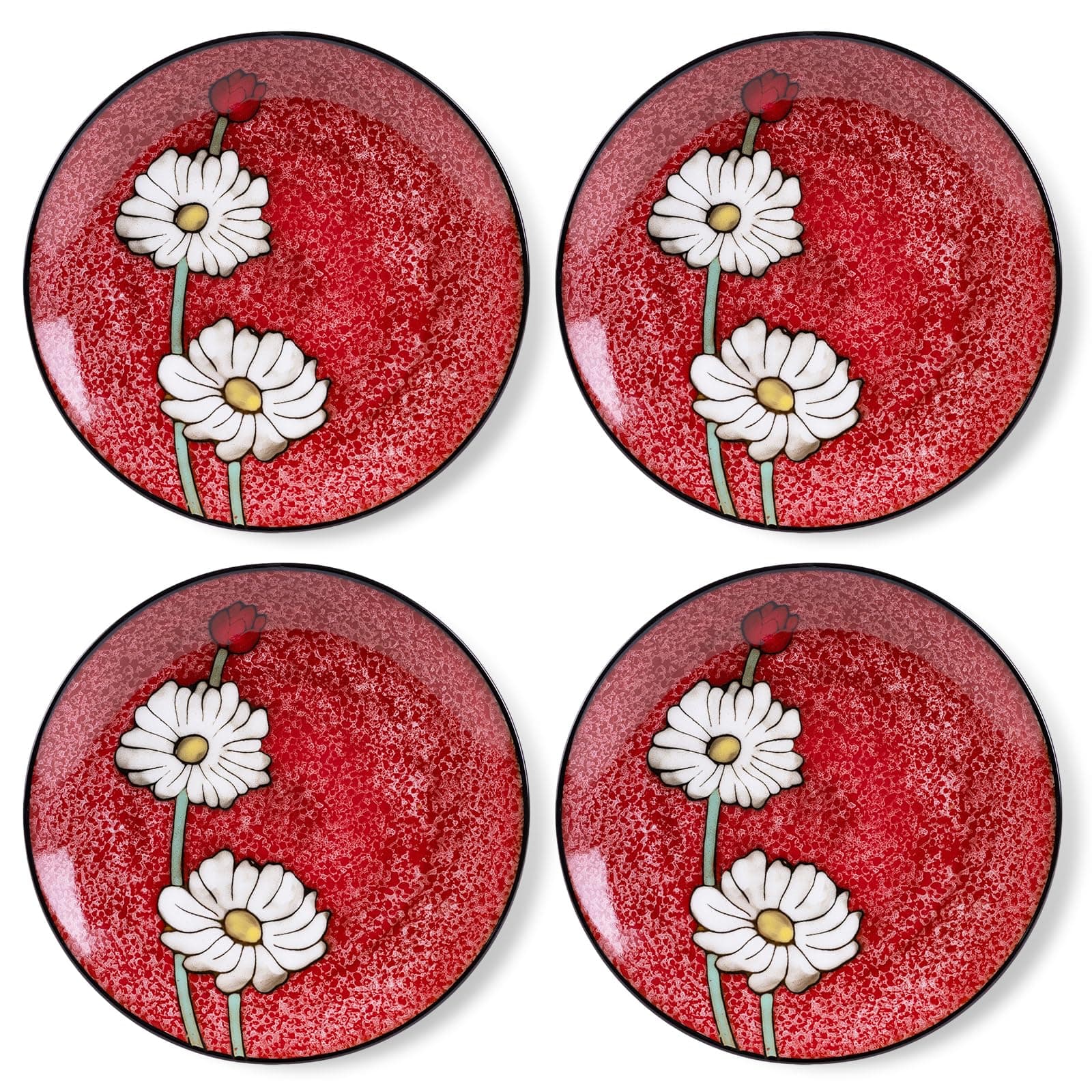 11 in Floral Plates, Ceramic Dinner Plates Set of 4, Microwave Dishwasher Oven Safe, for Salad, Dessert, Steak, Pasta & Appetizer, Breakfast Lunch Dinner, Porcelain Plates for Kitchen & Gift (Red)