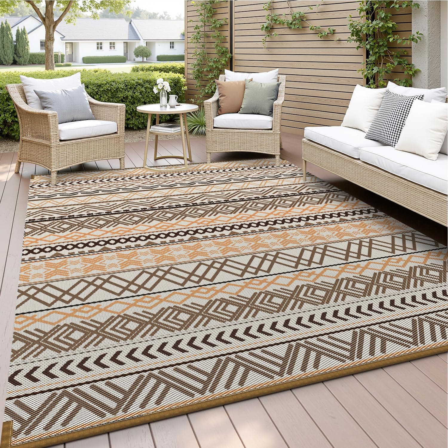 Outdoor Rug-Patio Rug Waterproof 8x10 ft Outdoor Carpet Boho Reversible RV Camping Rug Mat for Camper Balcony Backyard Picnic Deck Rug Portable Brown & Orange-Colorful