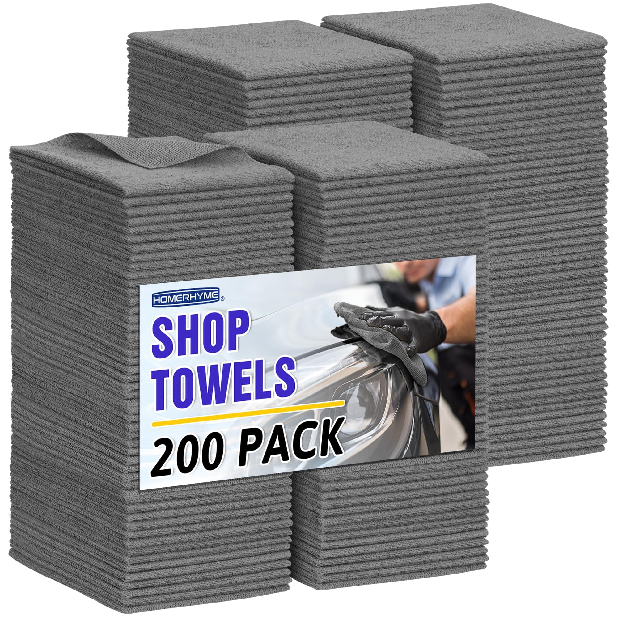 HOMERHYME Shop Towels, 200 Pack Microfiber Towels for Cars, Microfiber Cleaning Cloths, Bulk Multipurpose Lint-Free Cleaning Wipe Rag for Mechanic Automotive Garage Office, 11.5"*11.5" Grey