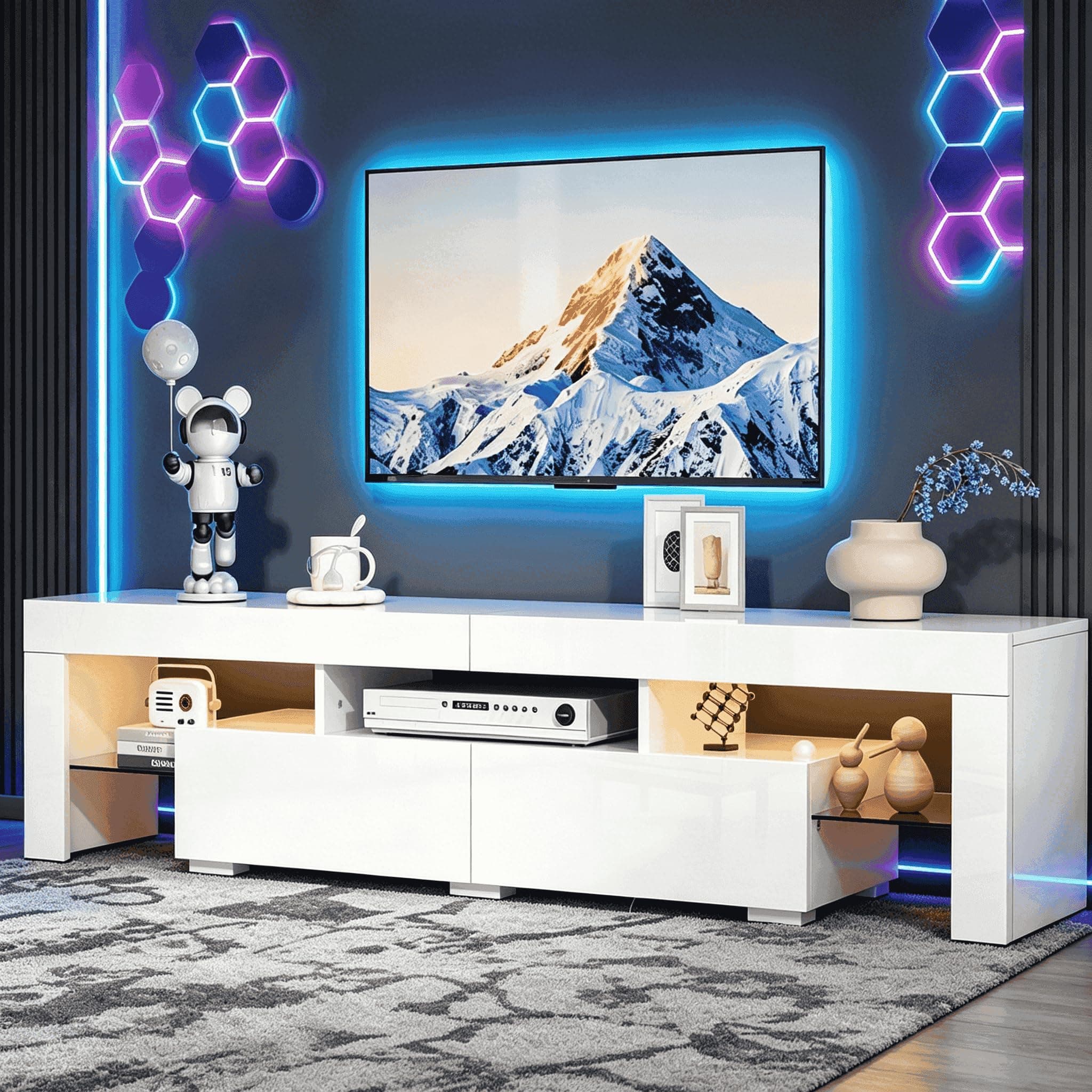 VINGLI White TV Stand with Purple LED Light Modern 71 Inch TV Stand TV Cabinet with Storage, 2 Drawer and Shelves for Living Room Bedroom Furniture