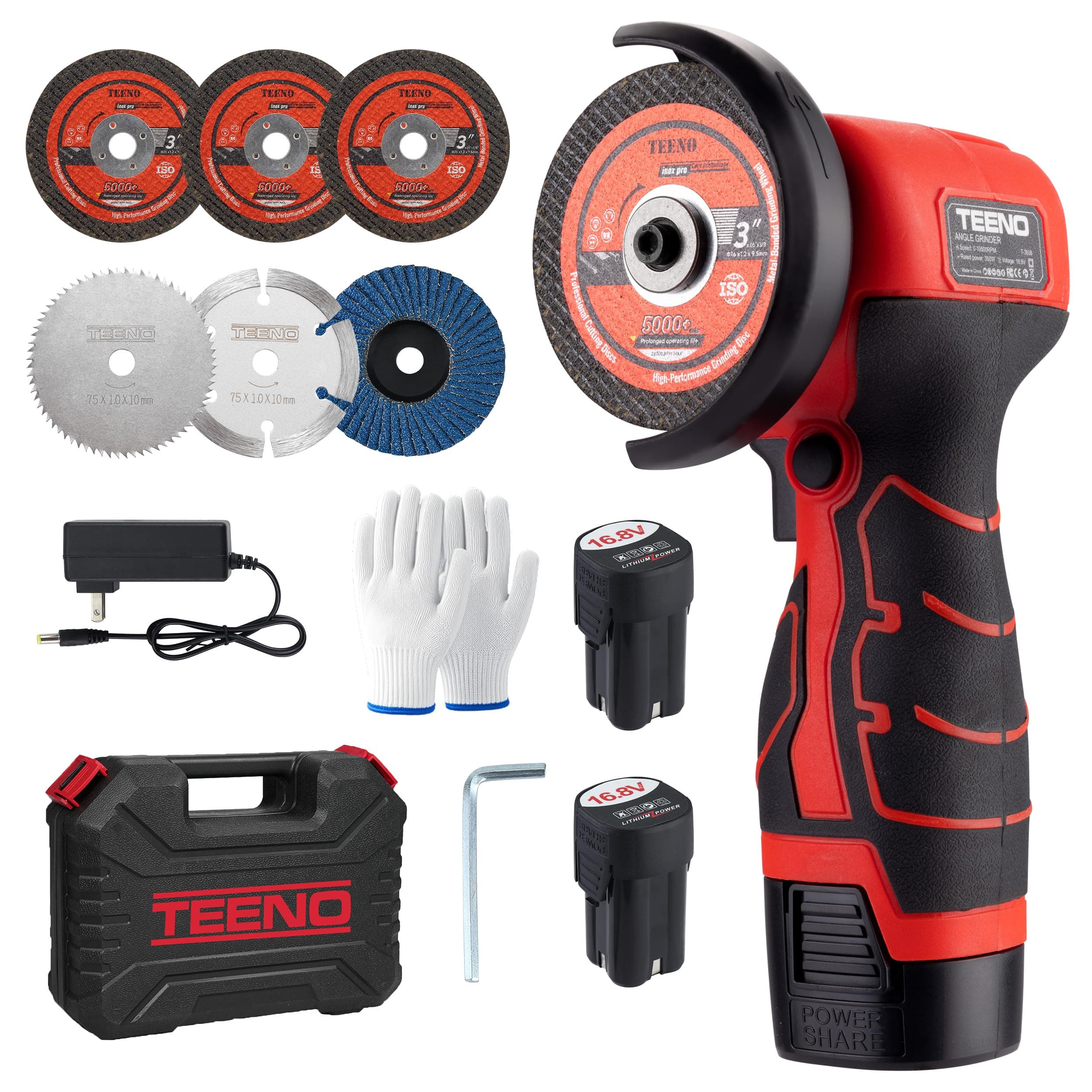 TEENO Cordless Angle Grinder Kit, 19,500 RPM Mini Electric Angle Grinding Tool with 2 pcs 16.8V 2000mAh Batteries and 6 Cutting Discs, 3-Inch Handheld Grinder for Metal/Wood Cutting and Grinding