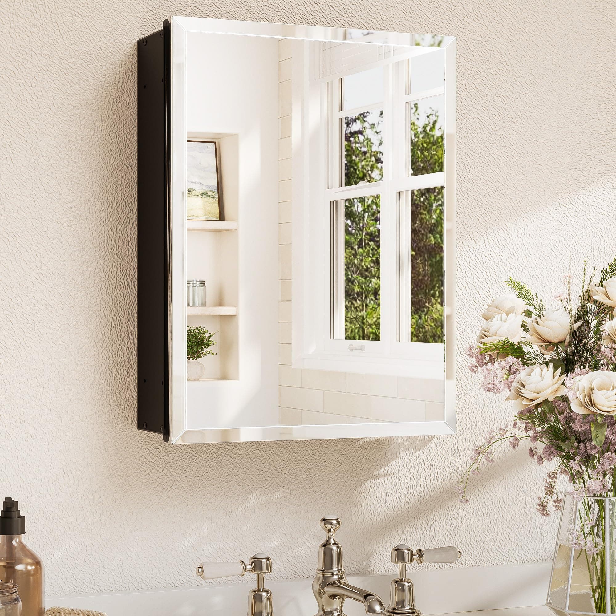 TETOTE Black 14 x 18 Inch Beveled Bathroom Medicine Cabinet Mirror, Assembly Needed, Stepless Adjustable Shelves, Recessed or Wall-Mount, Tempered Glass, Soft Closing