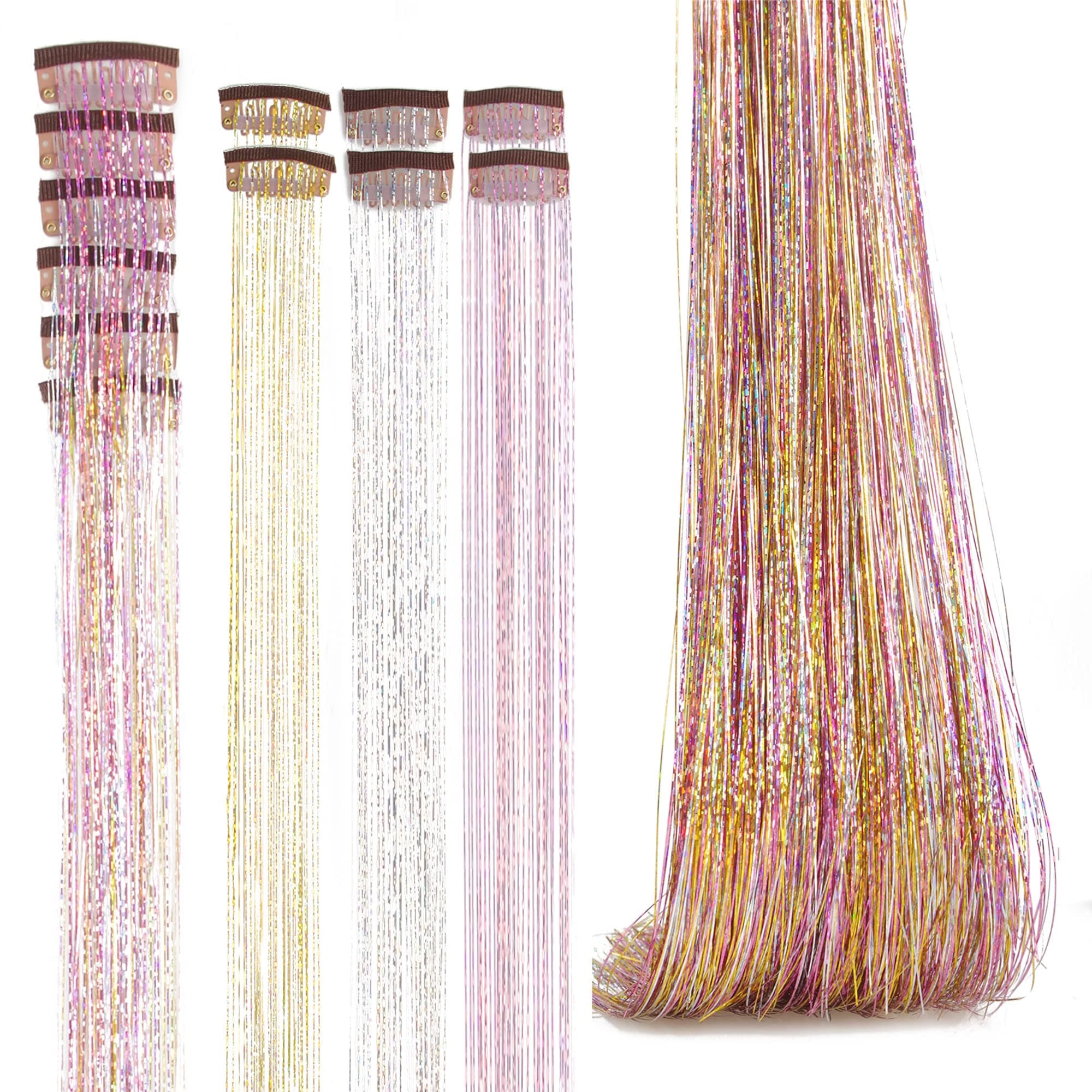 SEPTBEAM Clip in Hair Tinsel Extensions Sparkle & Highlights for Hair Rose Gold 20.5 Inch 6 Pieces Sparkle Strands for Party, Christmas Gift for Kids, Girls, Women(Rose Gold)