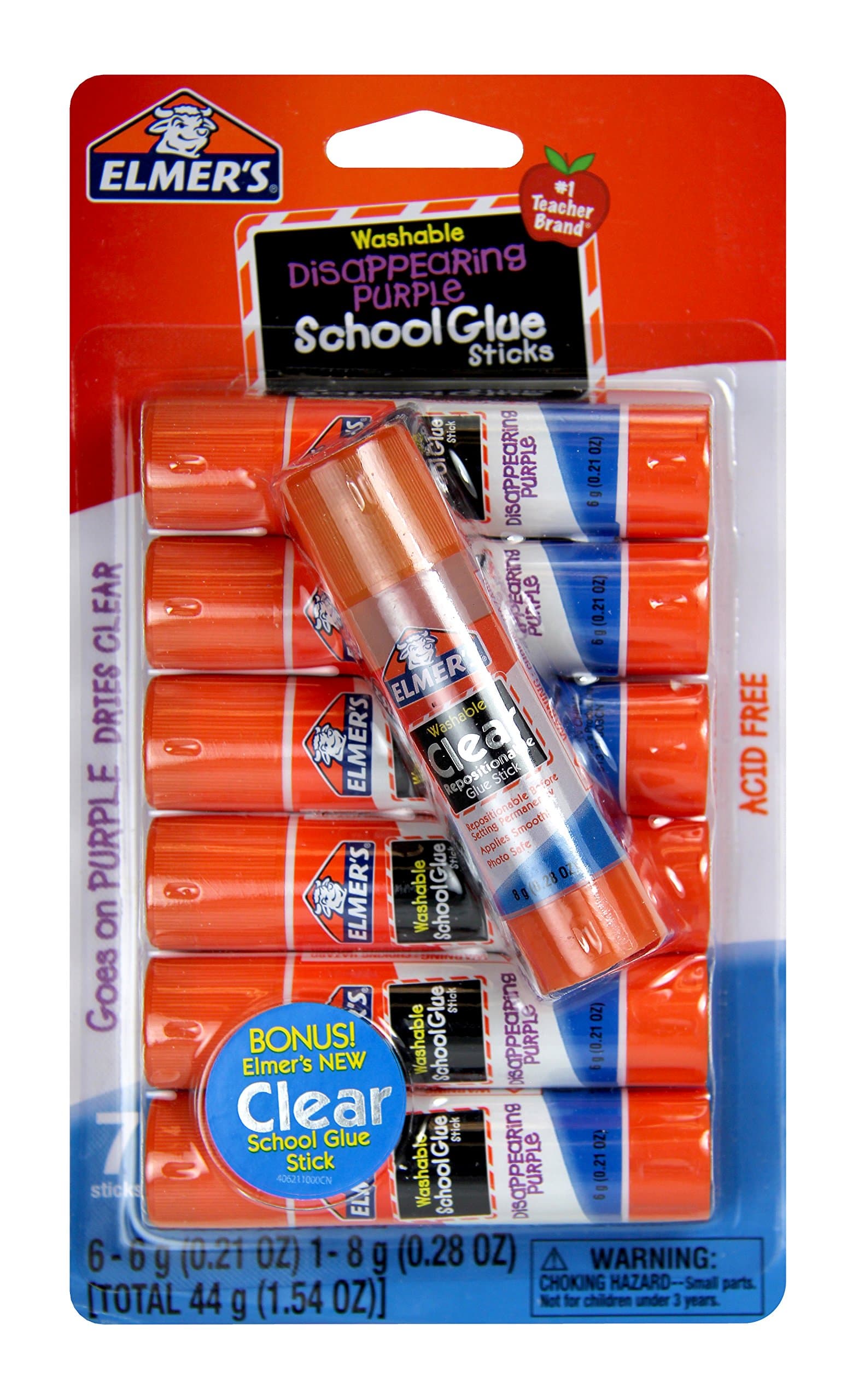 Elmer's Disappearing Purple (6g) and Clear Re-Stick School Glue Sticks (8g), Washable, 6 Grams, 7 Count