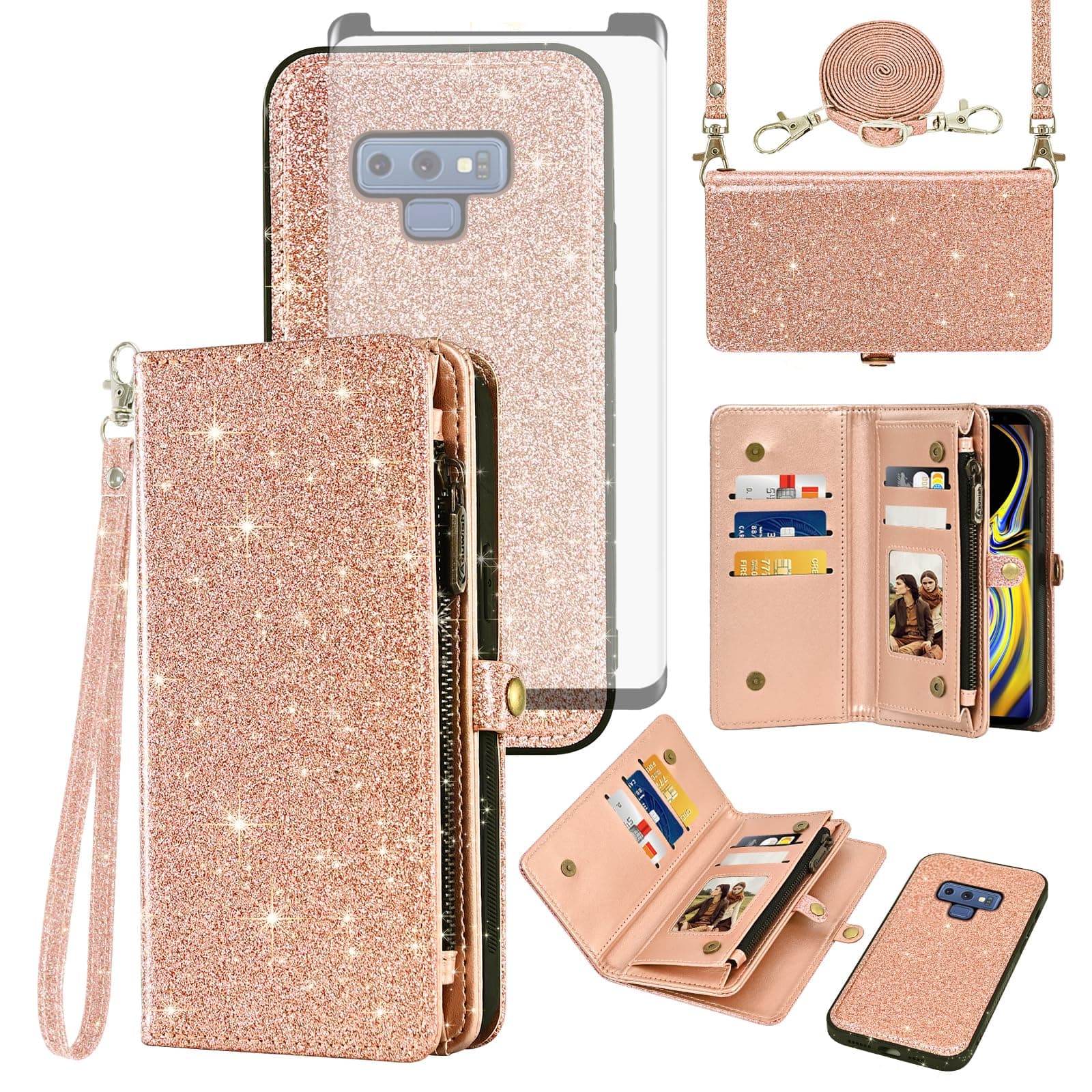 Asuwish Phone Case for Samsung Galaxy Note 9 Zipper Wallet Detachable Cell Cover with Tempered Glass Screen Protector Lanyard Wrist Strap Flip Credit Card Holder Slot Note9 Not S9 Women Men Rosegold