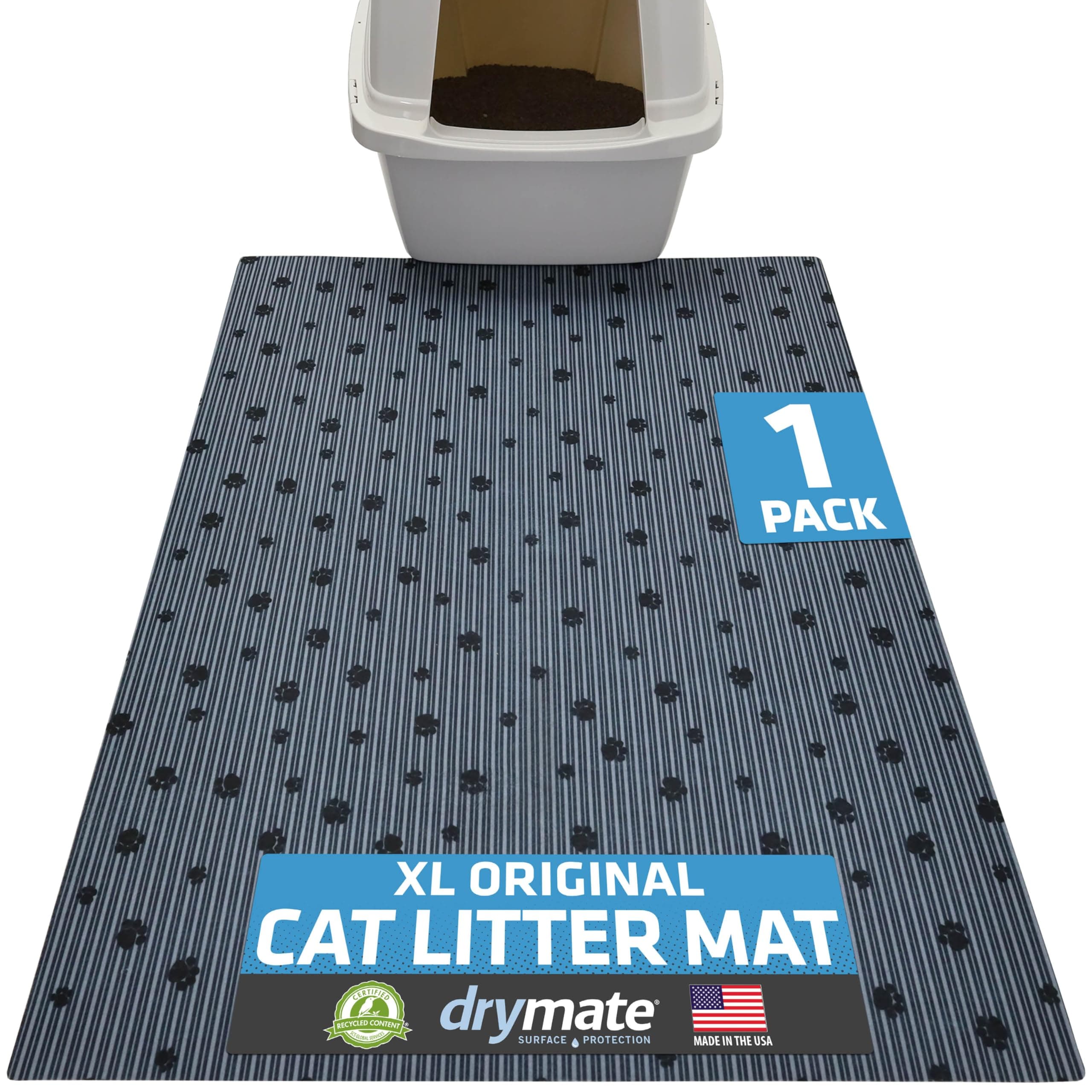 Drymate Original Cat Litter Mat, Contains Mess from Box for Cleaner Floors, UrineProof, Soft on Kitty Paws Absorbent/Waterproof Machine Washable, Durable (USA Made) (28x36)(GreyStripeBlackPaw)