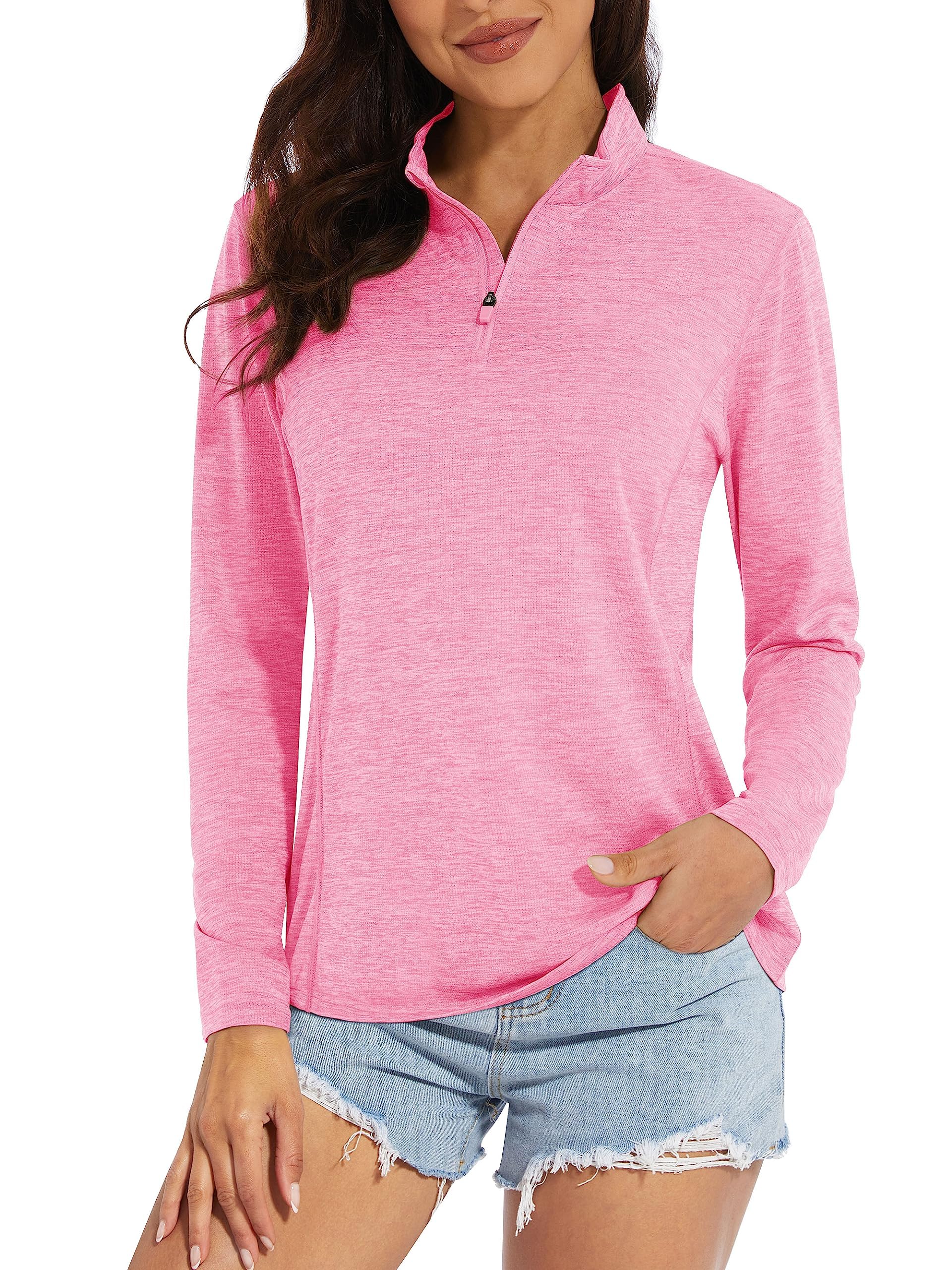 MAGCOMSEN Women's Rash Guard Sun Shirt 1/4 Zip Pullover Quick Dry Long Sleeve Shirts Summer Athletic Running Hiking Workout Tops Pink S
