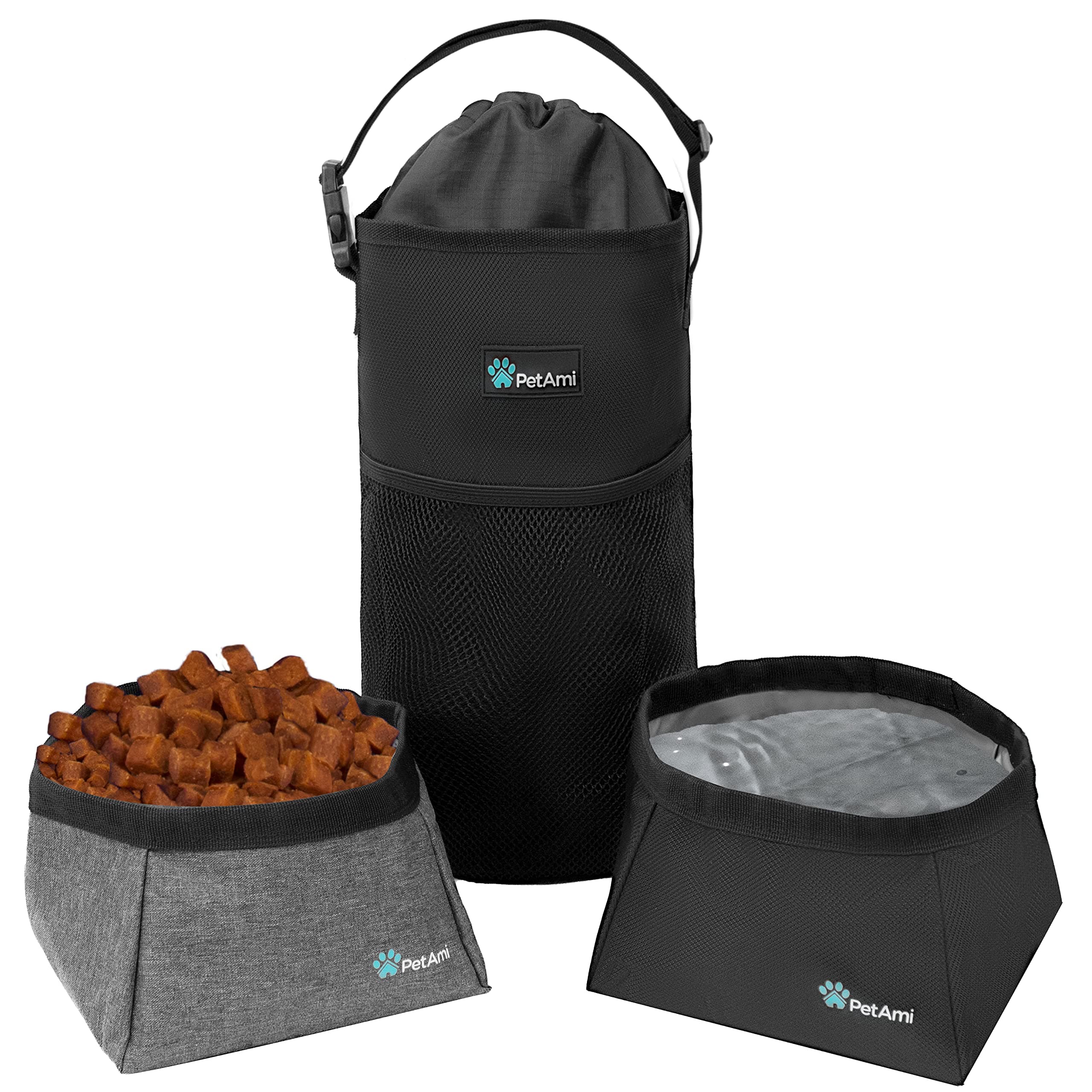 PetAmi Travel Dog Food Bag with 2 Collapsible Bowls, Waterproof Set, Black