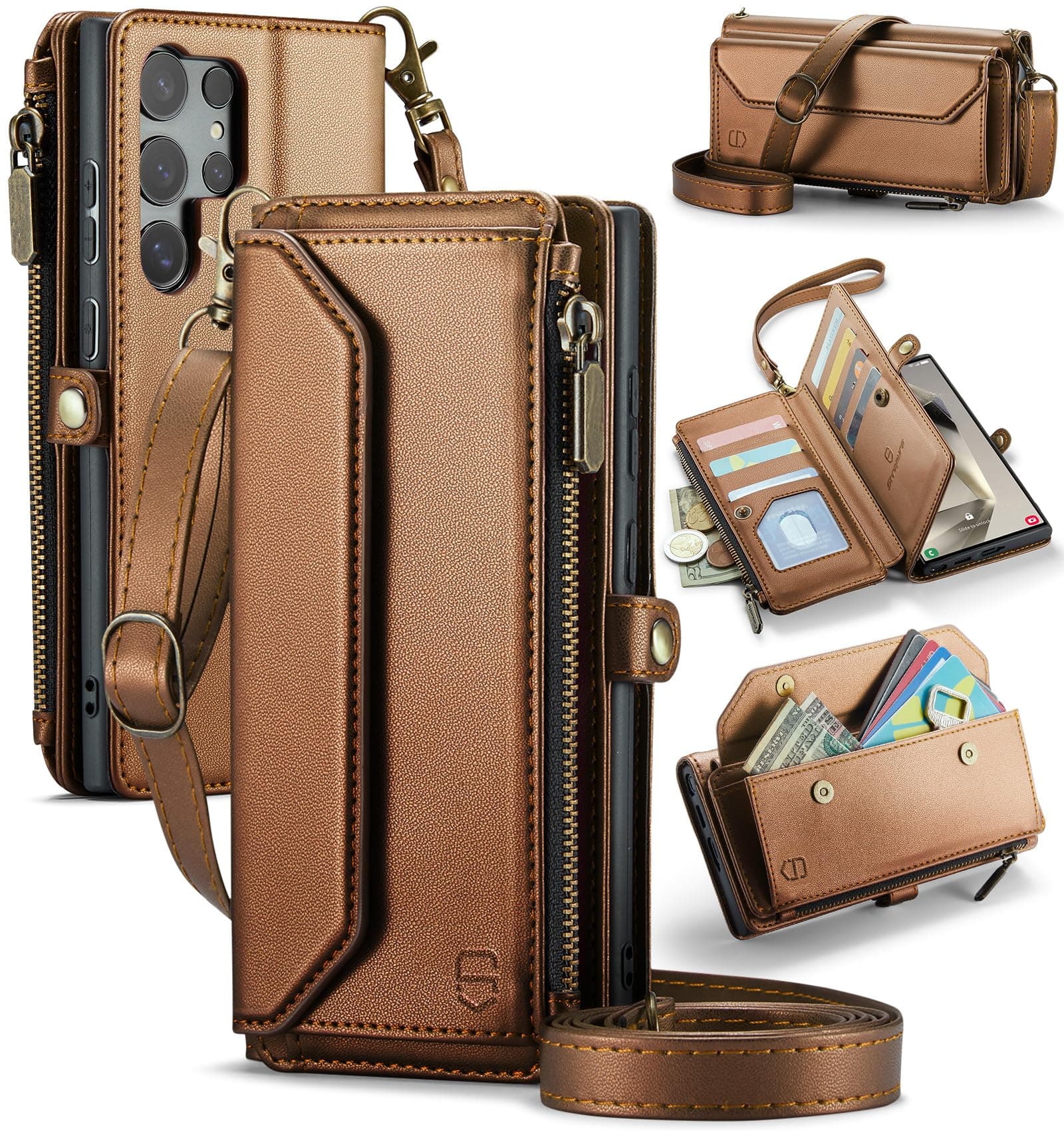 Strapurs for Samsung Galaxy S24 Ultra - Zipper Strap Wallet Case, Brown