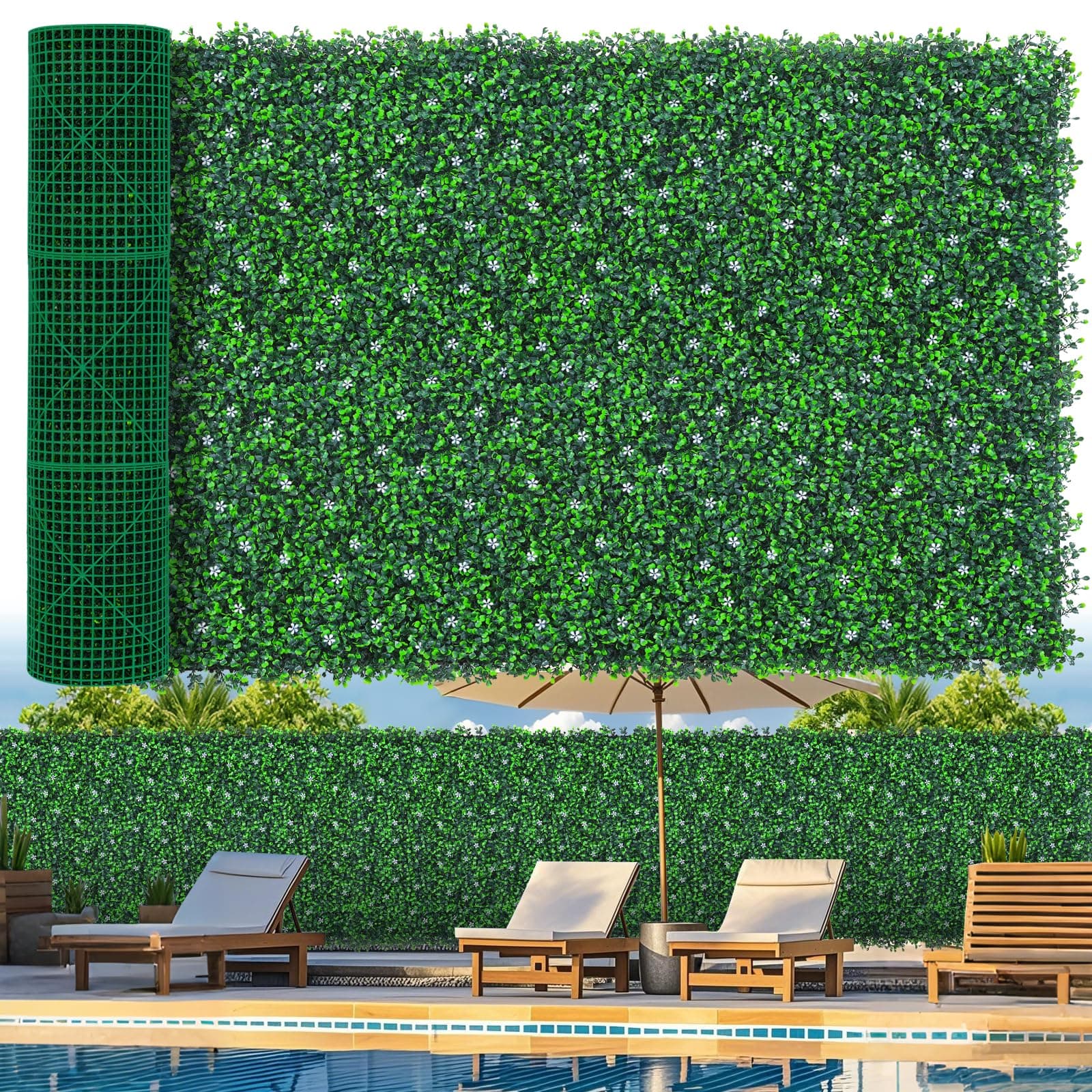Grooy 60"x 120"(50 sq.ft) Artificial Boxwood Roll Panels with Flowers, UV-Anti Faux Ivy Leaves Privacy Fence Screen, Grass Wall Roll Panels for Indoor Home Decor and Outdoor Garden Backyard