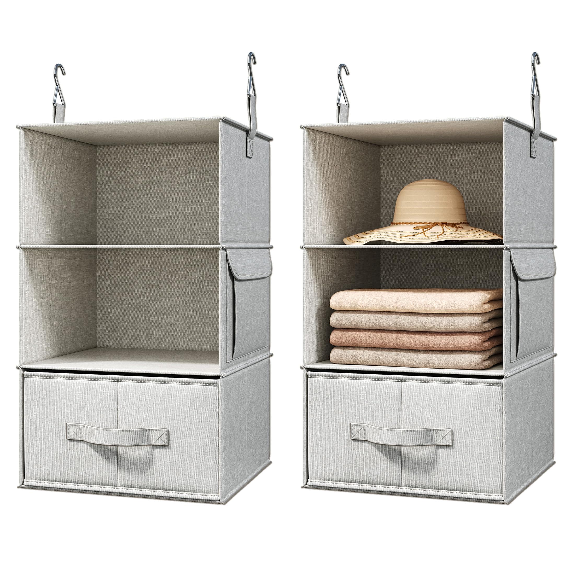 2 Pack 3-Shelf Hanging Closet Organizer with 2 Drawers, Silver Gray