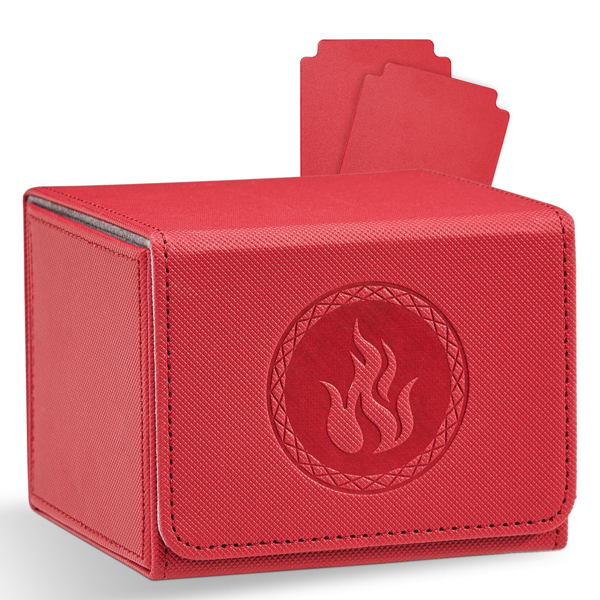 Zettokete Card Deck Box with 2 Dividers, MTG Commander Deck Box Holds 100+ Double-Sleeved Cards, Leather Magnetic Deck Case Compatible with Magic TCG CCG Cards, Red/Fire