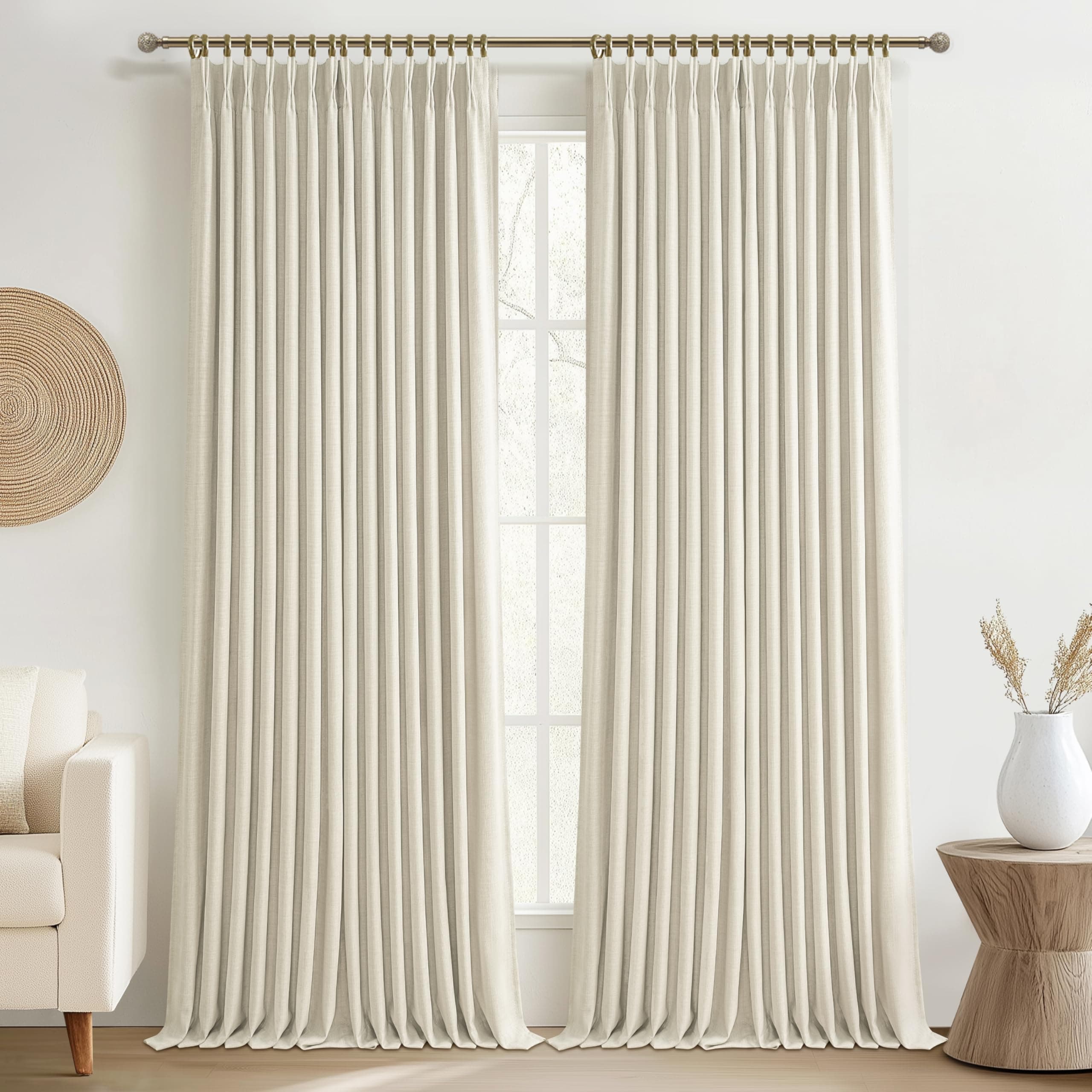Blackout Thick Linen Double Layer Floor Length Curtains 105 Inches Long for Kids Room, Memory Trained Pinch Pleated Insulated Noise Blocking Ivory Modern Window Curtain & Drapes Panels of 2 Viral Burg