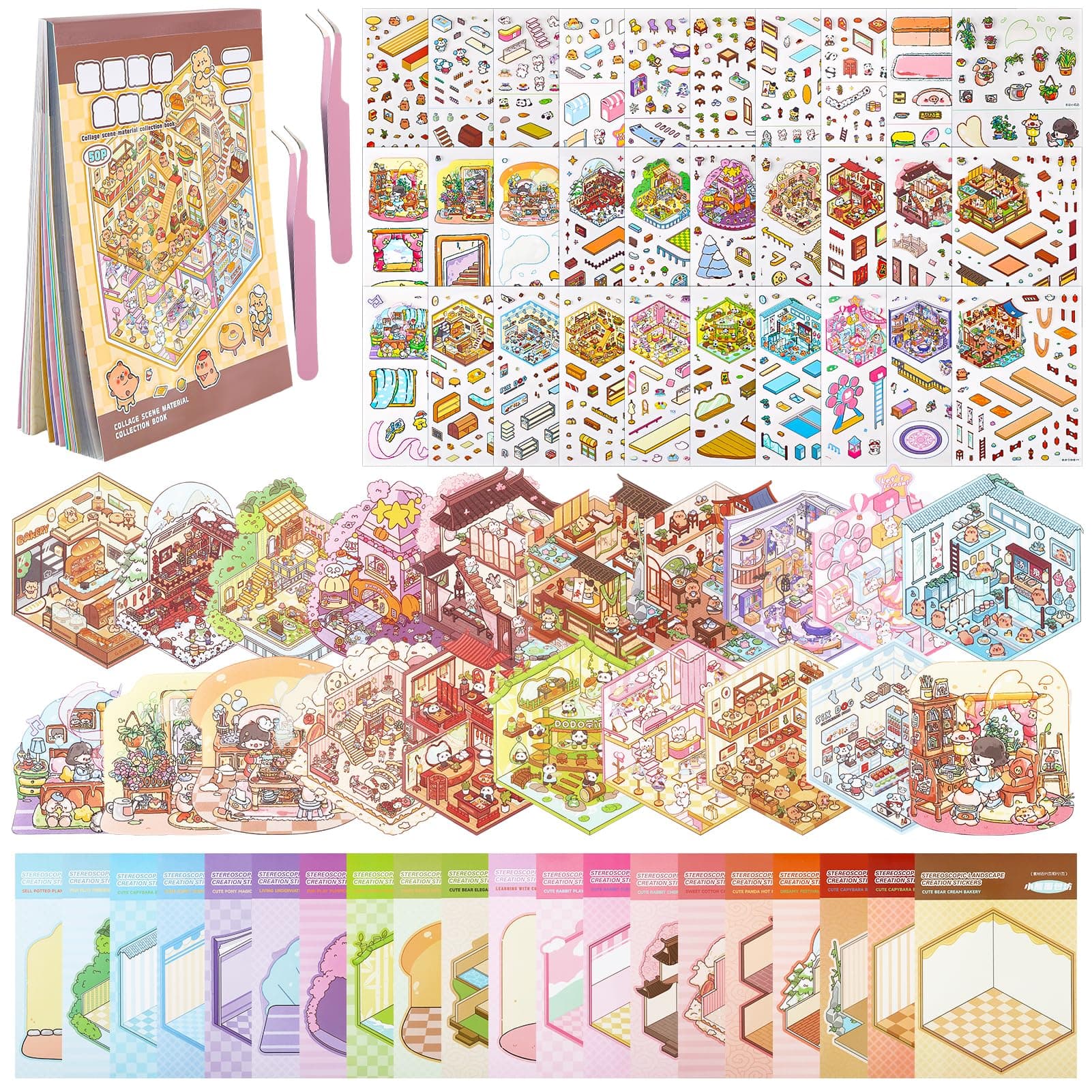 Coumy 1Pcs 3D Sticker Scene DIY 3D House Sticker Book Cartoon Scene Sticker