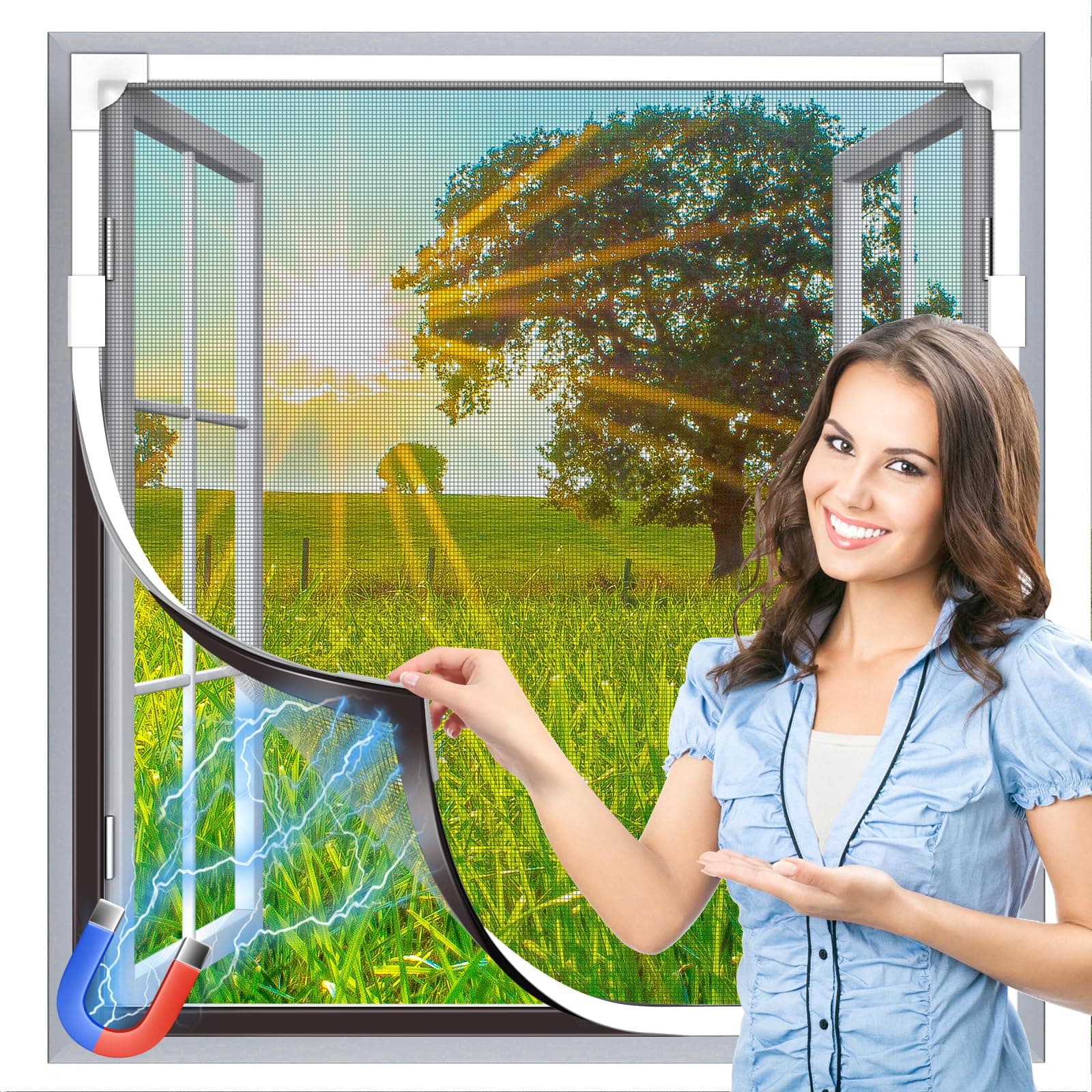 HOFUDON Magnetic Fly Screens for Windows, 150x180cm White Frame Grey Mesh